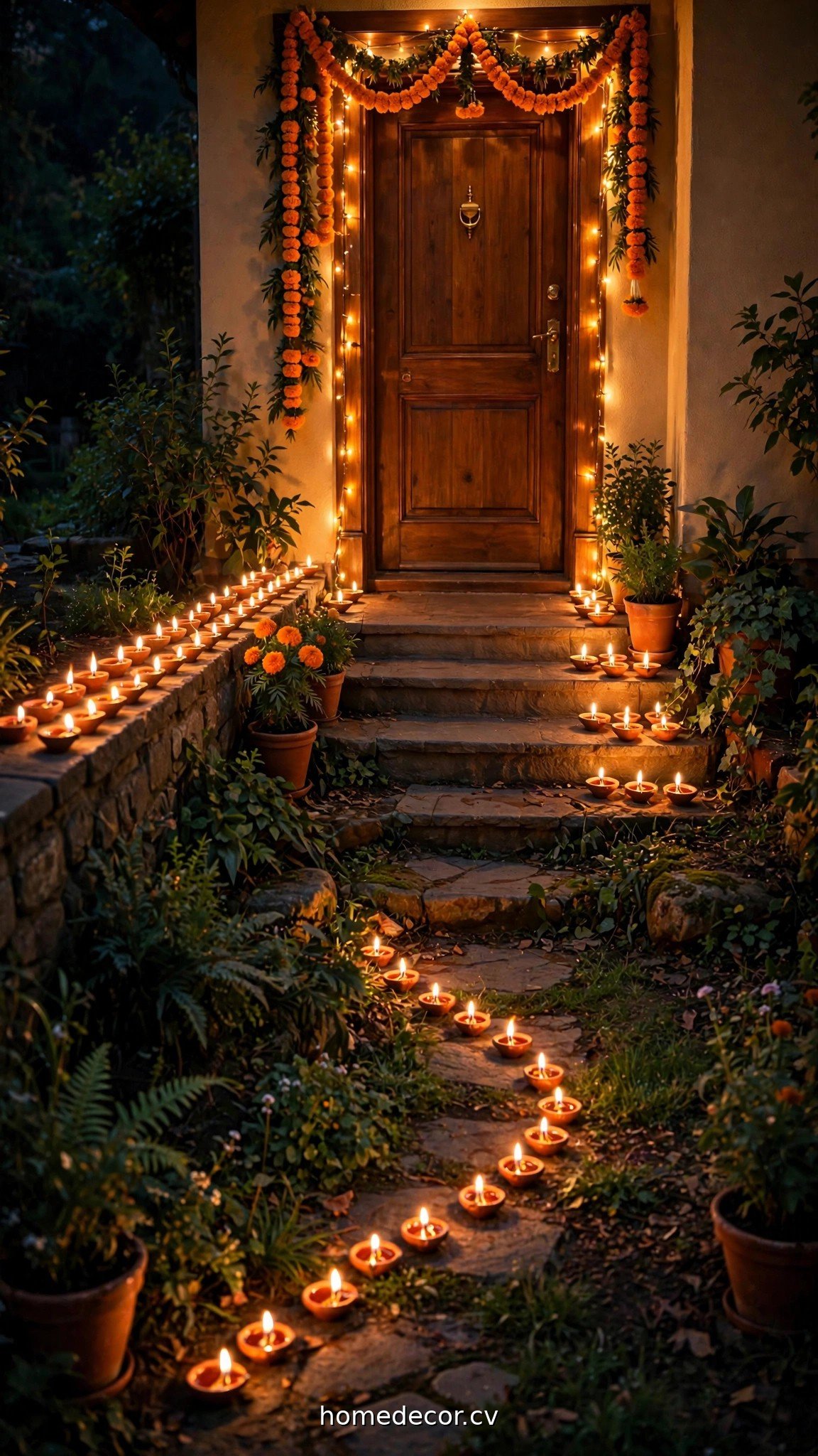 Front doorstep lined with glowing Diwali diyas and a marigold toran garland