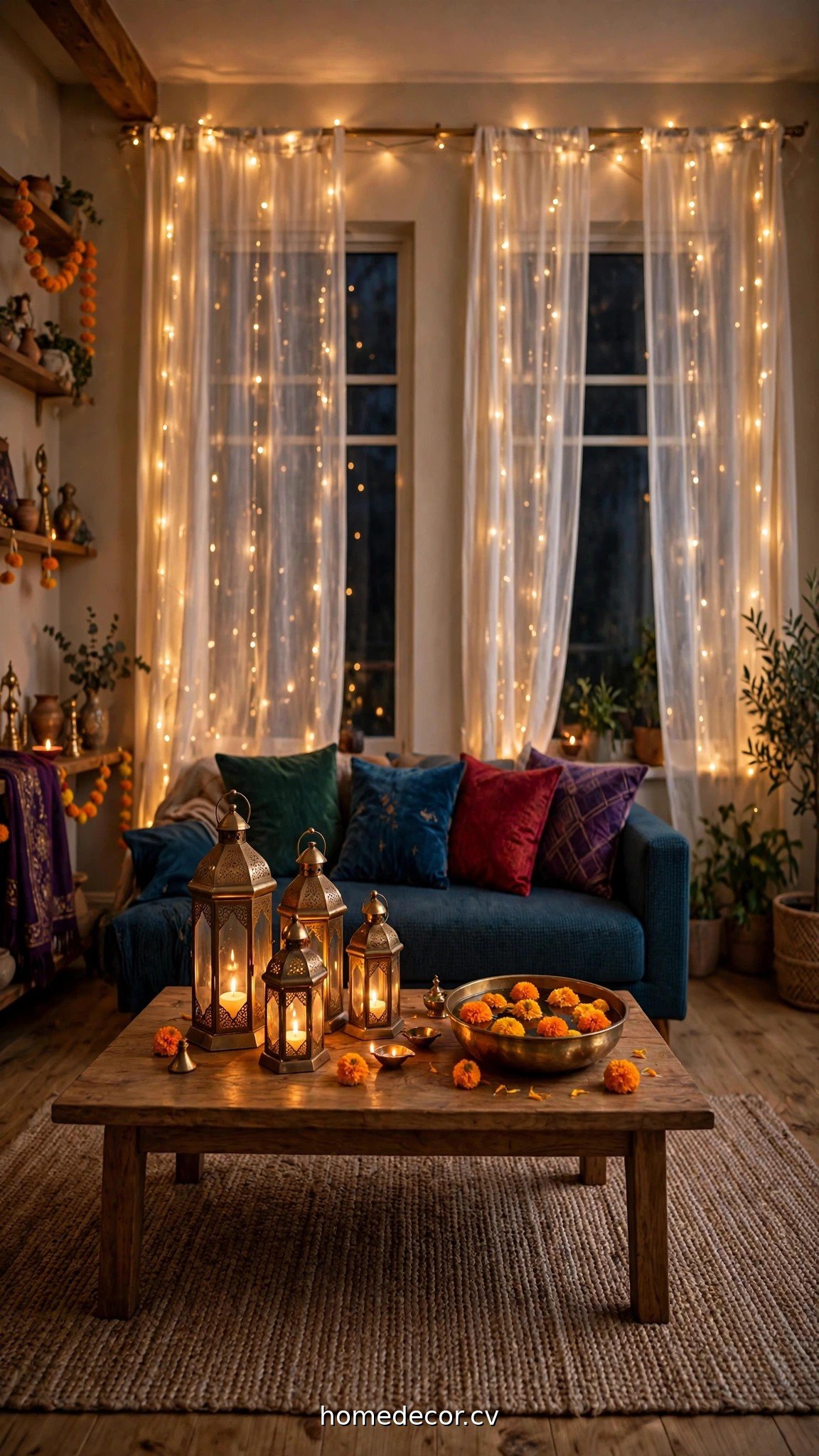 Cozy living room glowing with Diwali fairy lights, brass lanterns and marigolds