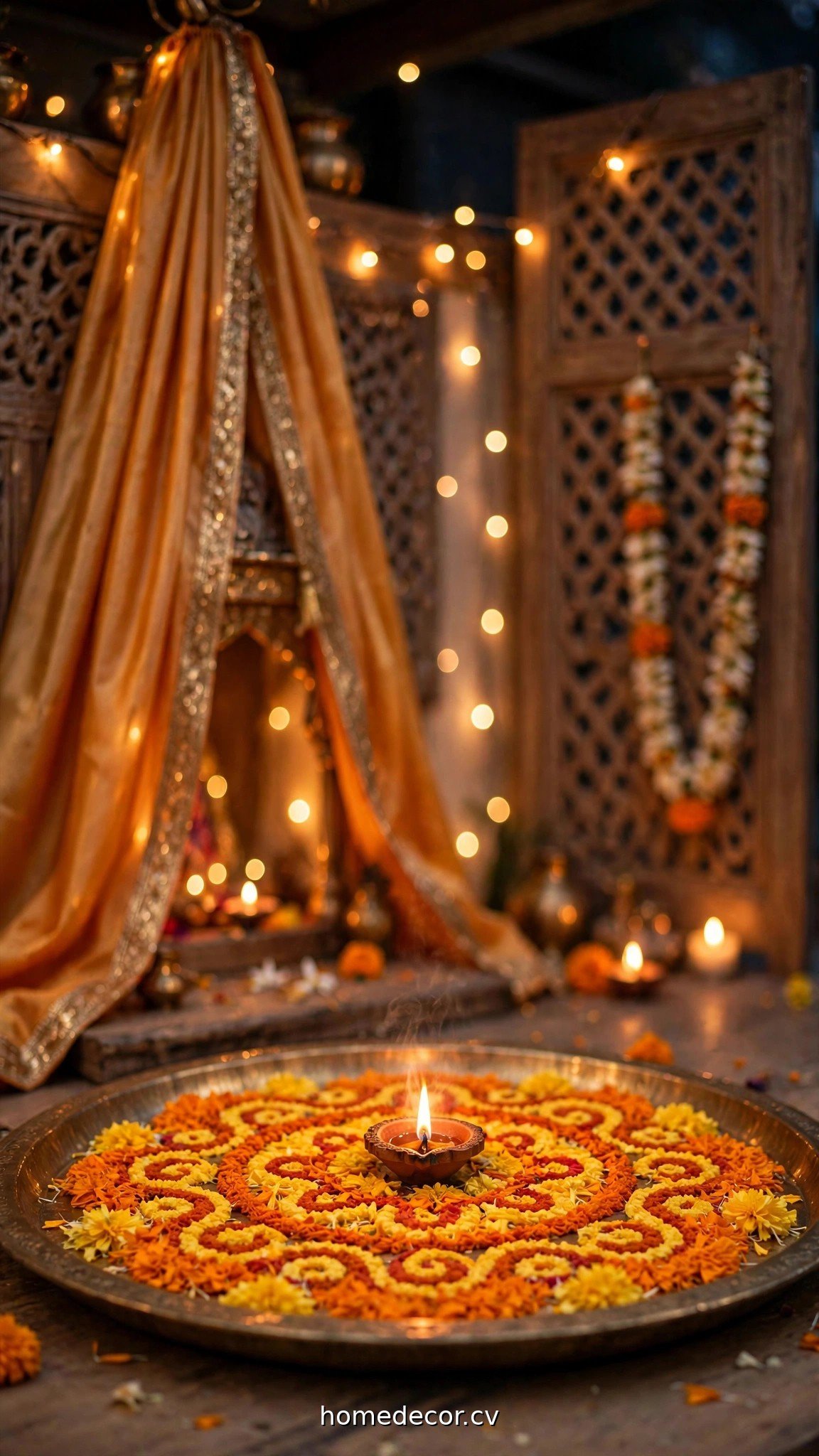 Marigold petal rangoli on a brass tray beside a decorated Diwali pooja corner