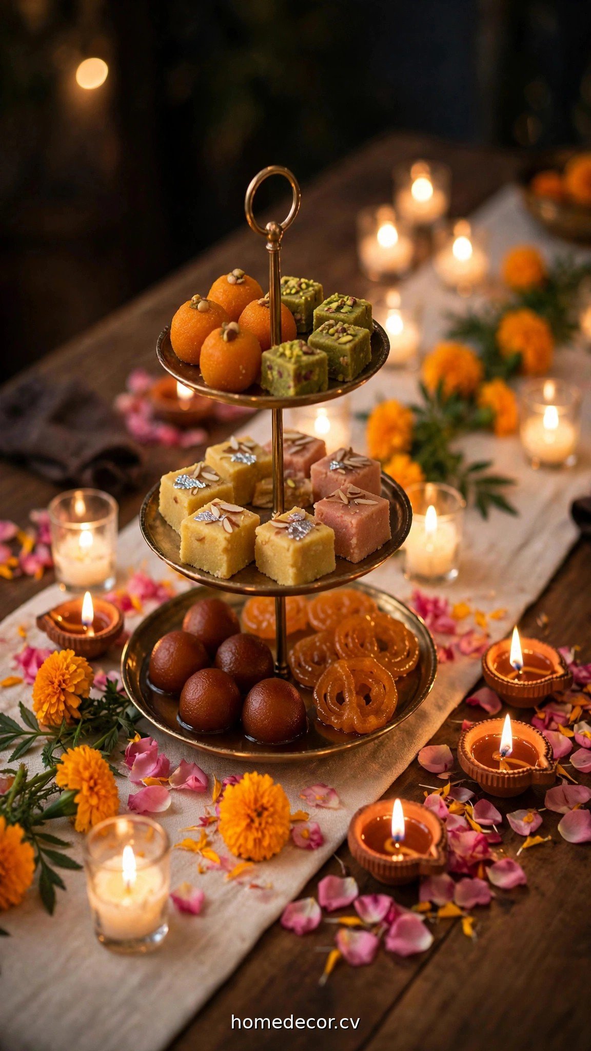 Festive Diwali dining table with candles, marigolds and a tiered sweet stand