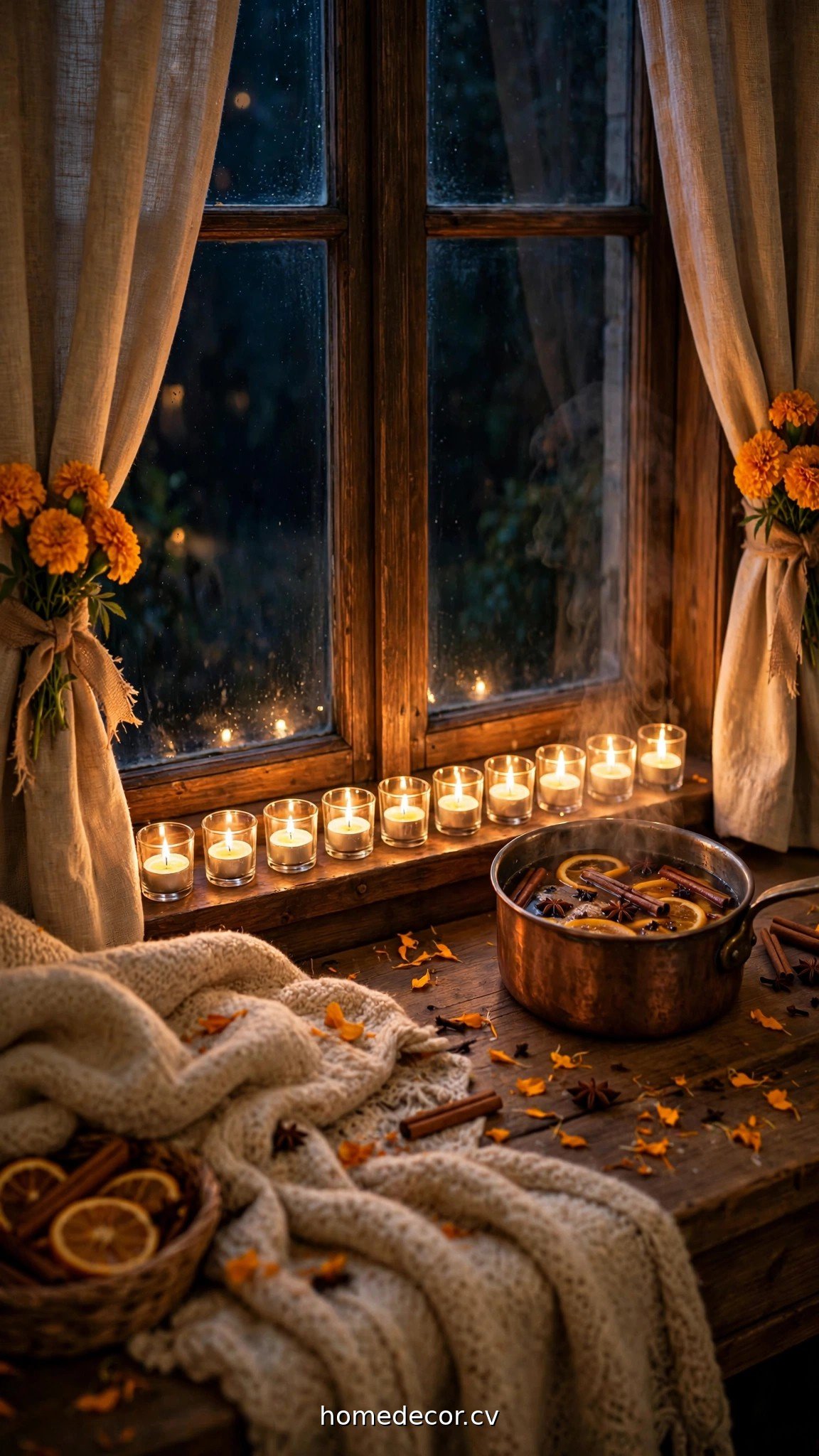 Glowing Diwali window sill with tea lights, simmering spices and marigold bunches