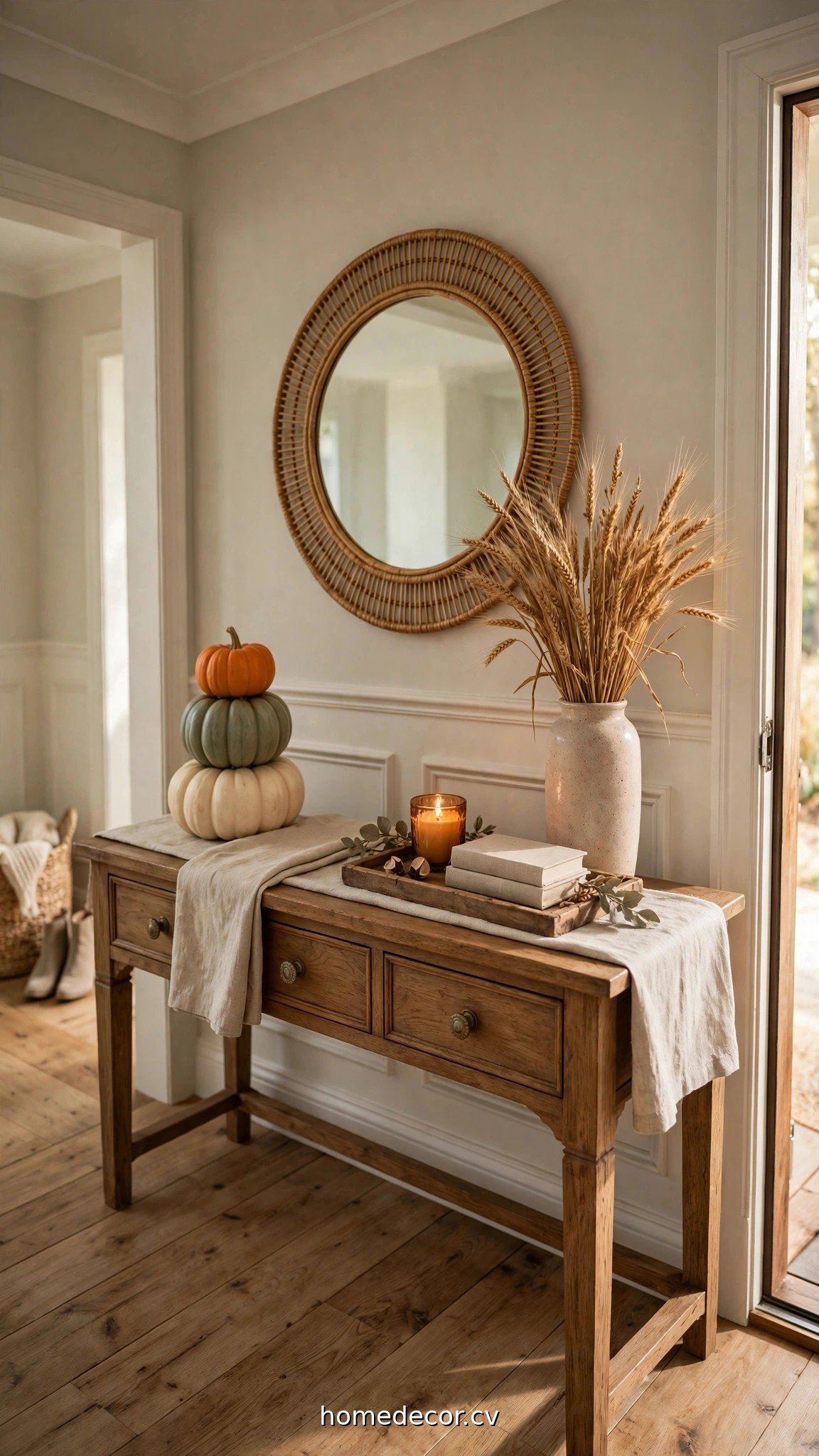 Fall console table styled with pumpkins, wheat stalks and a wooden tray