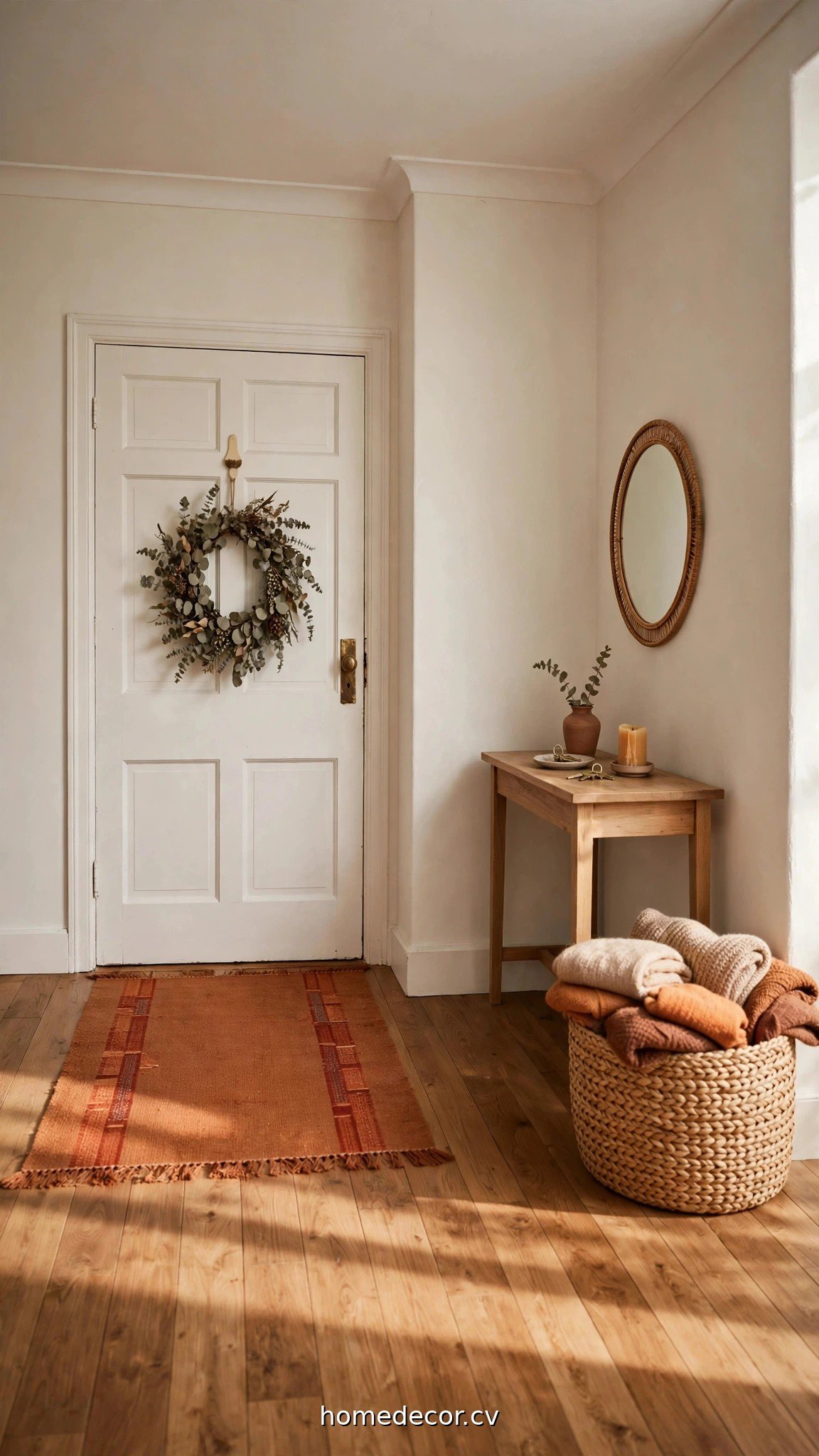 Cozy fall entryway with eucalyptus wreath, jute runner and basket of throws