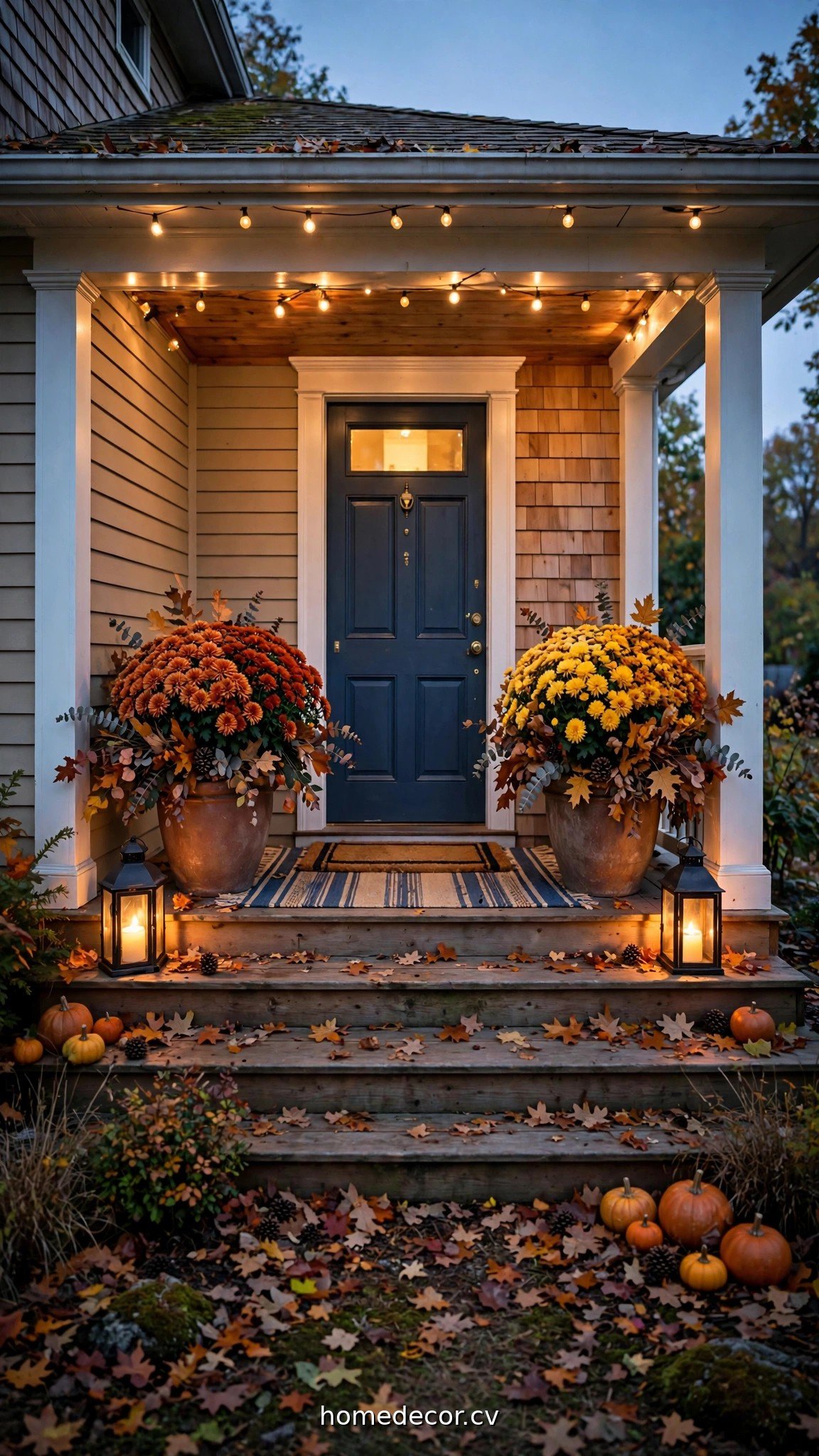 Fall front porch at dusk with mums, glowing lanterns and layered doormats
