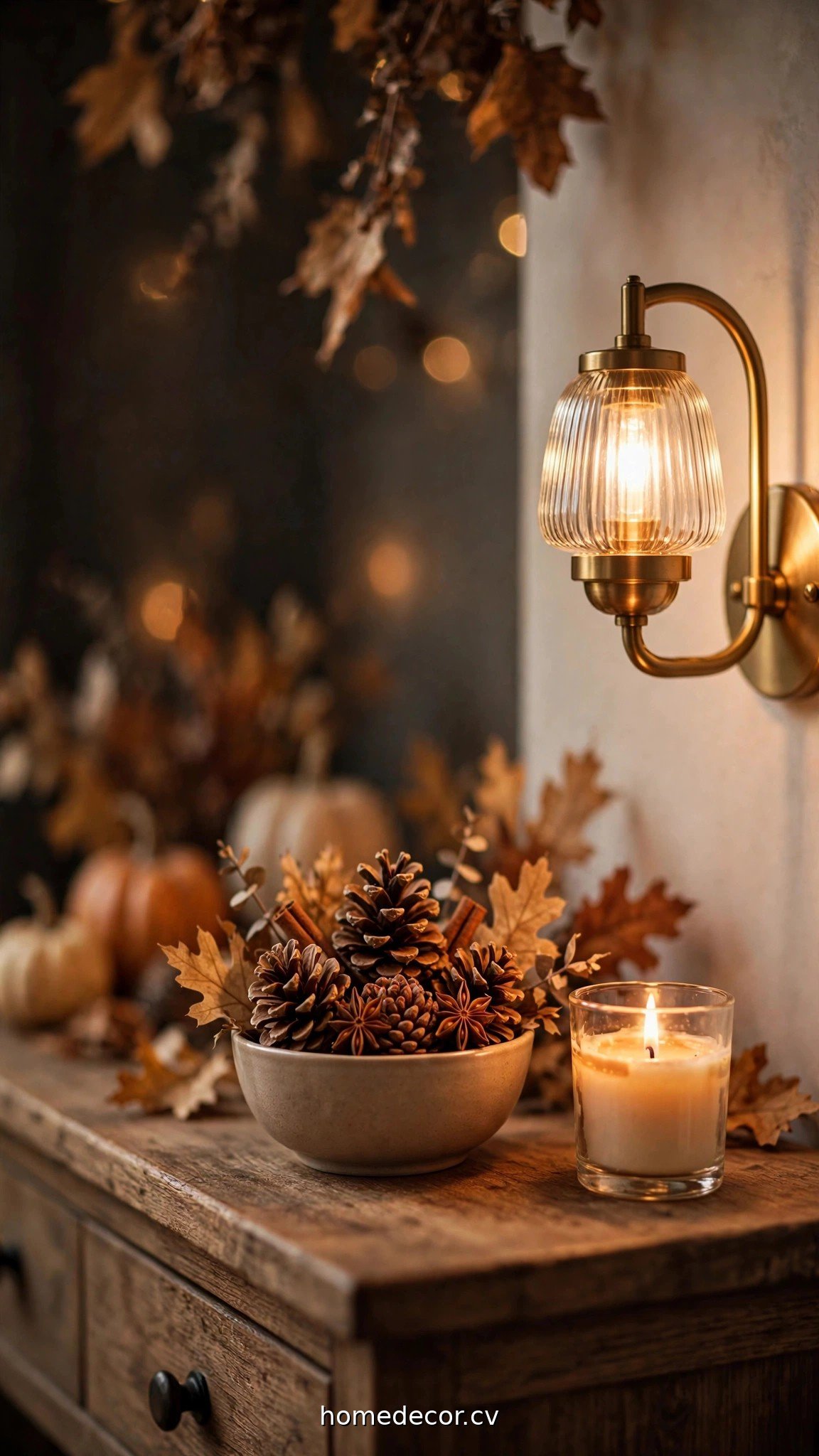 Cinnamon pinecones and candle glowing on a fall entryway console table