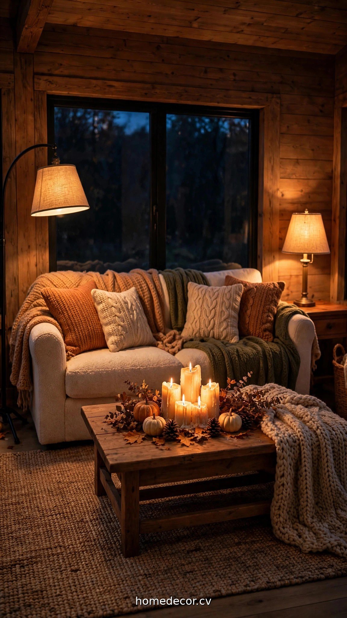 Cozy fall living room glowing with layered lamplight and candles on a dark evening