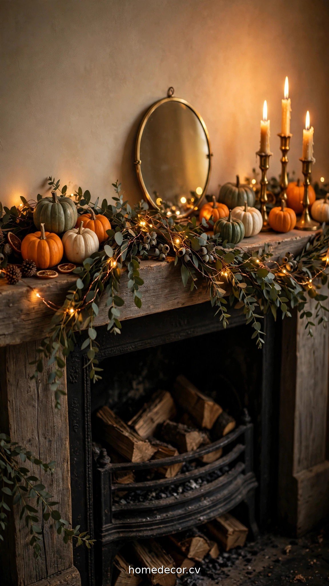 Fall living room mantel styled with string lights, pumpkins and glowing candles