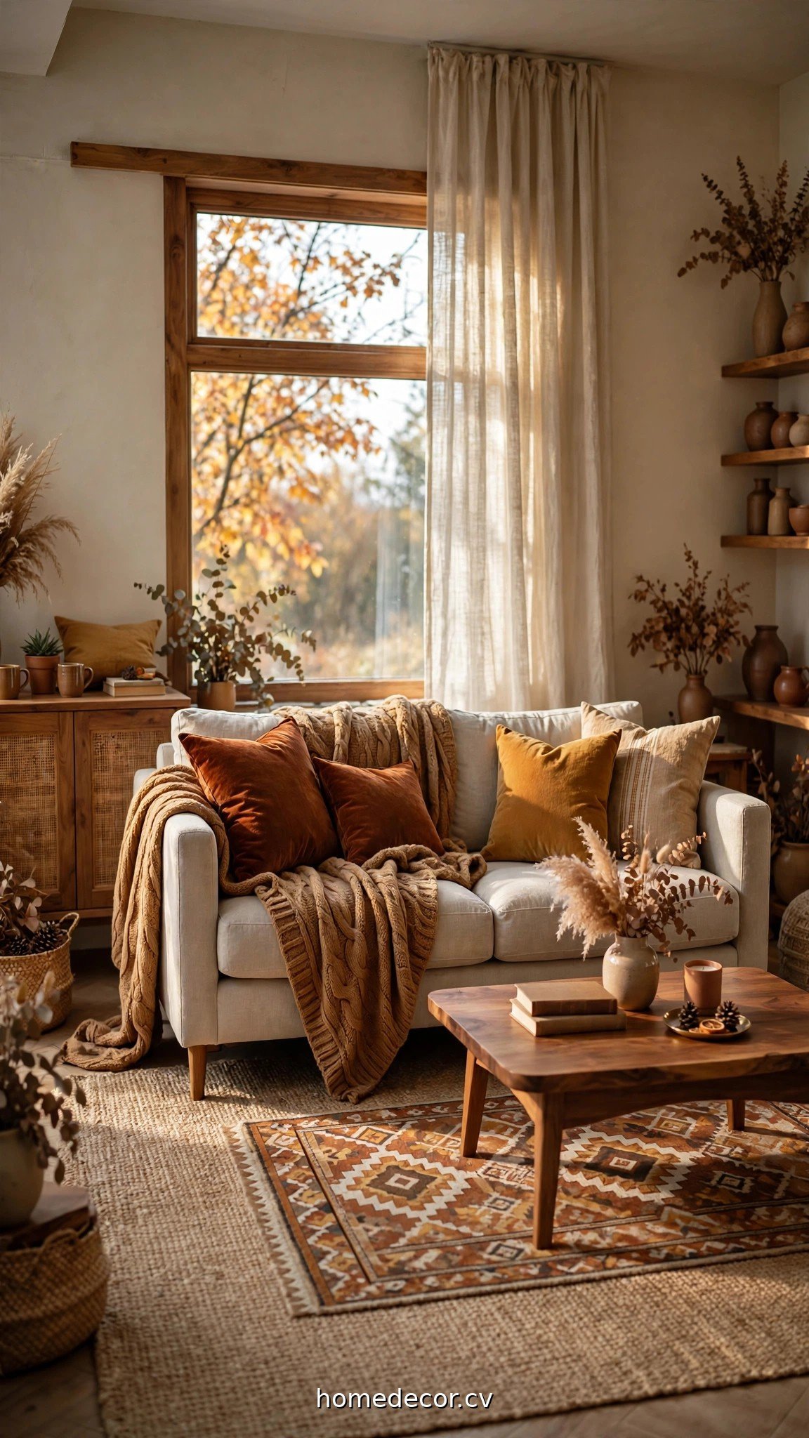 Cozy fall living room with chunky knit throw, plaid pillows and layered rugs