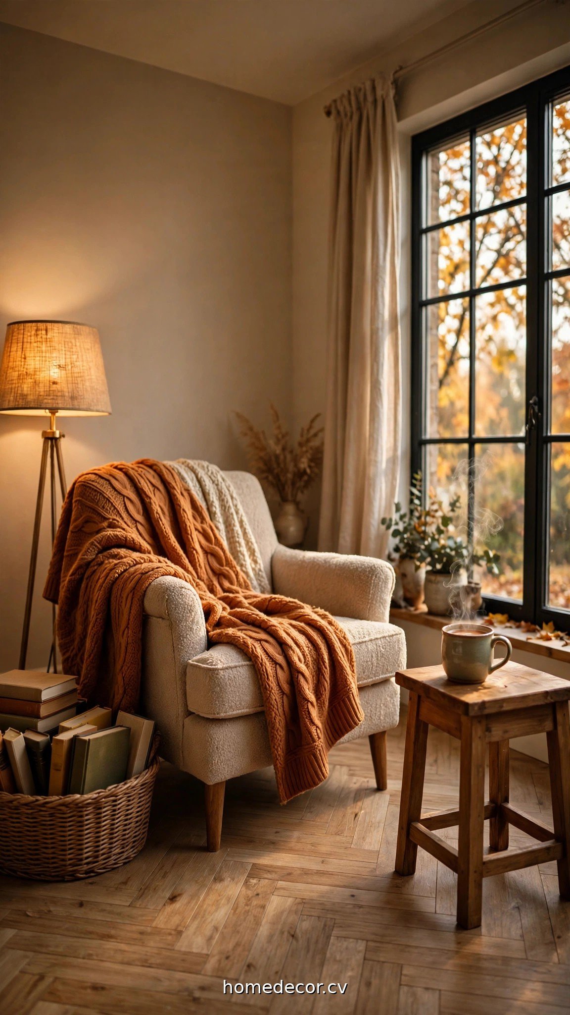 Rearranged cozy living room with a fall reading nook by the window