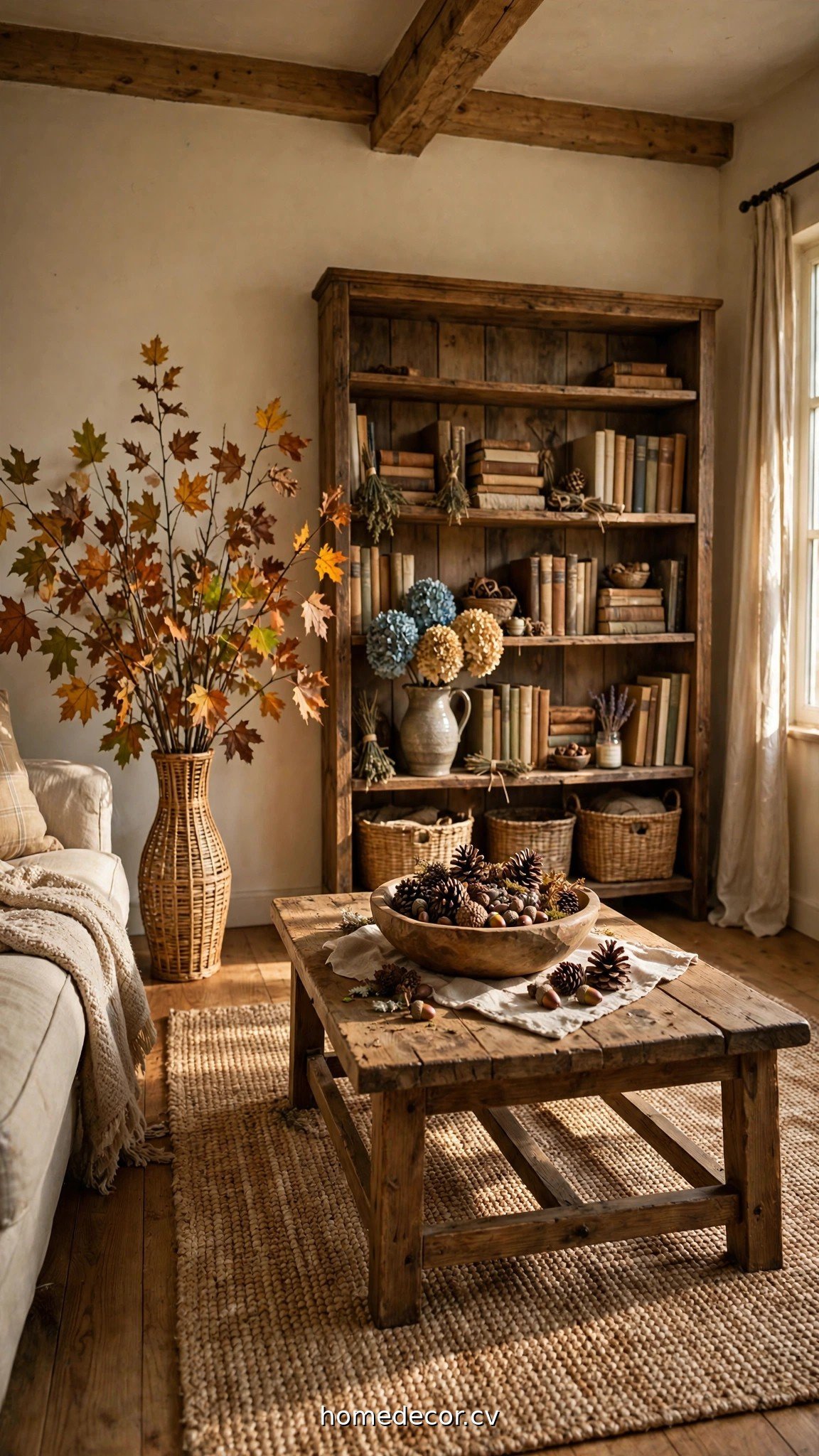 Fall living room decorated with foraged branches, pinecones and dried leaves