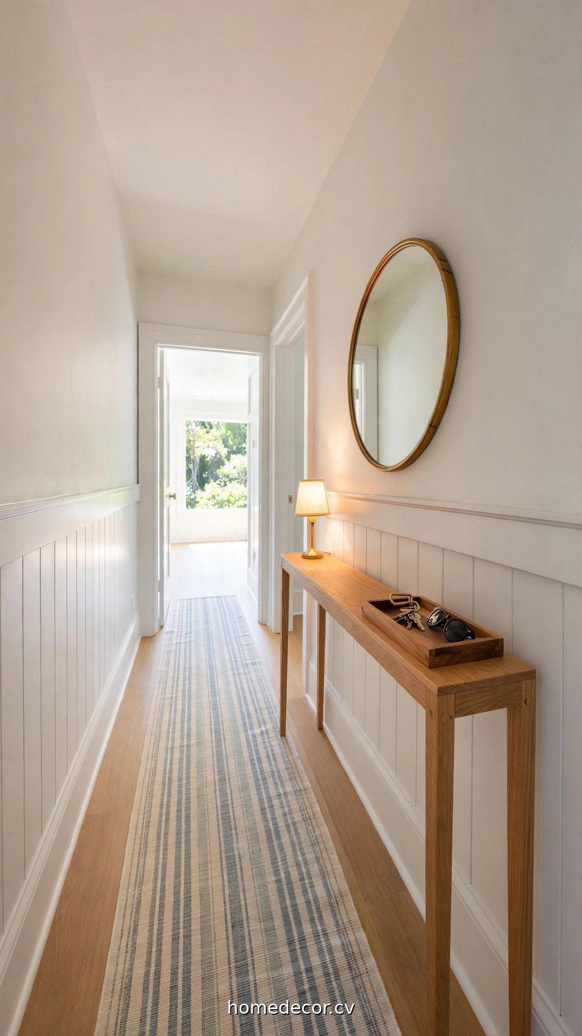 Slim console table foundation with round mirror, lamp and woven tray in a small hallway