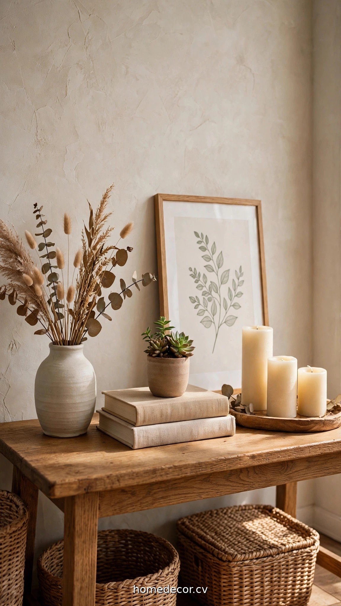 Styled entryway table vignette with ceramic vase, stacked books and candle trio