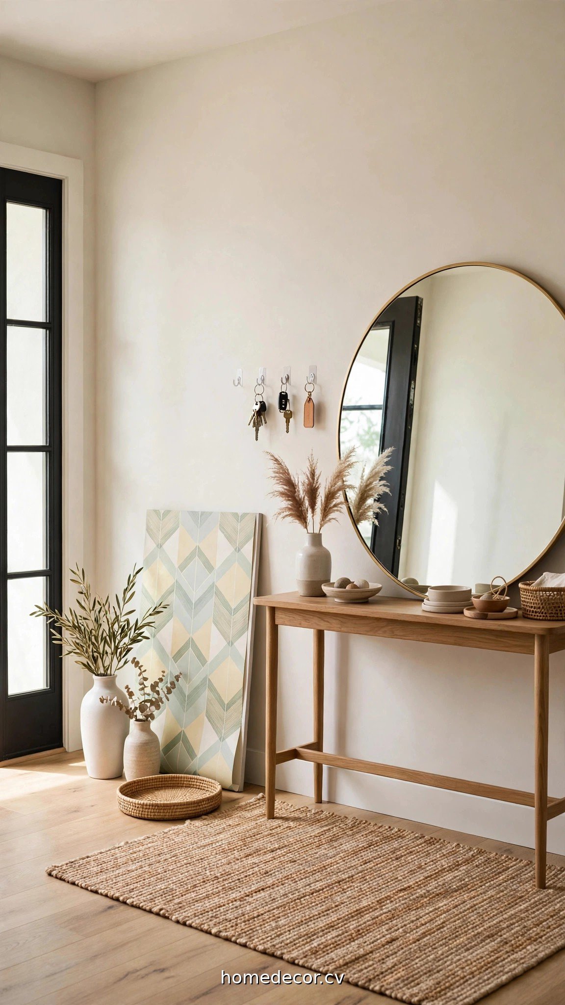 Renter-friendly entryway table with leaning mirror, adhesive hooks and no-drill decor