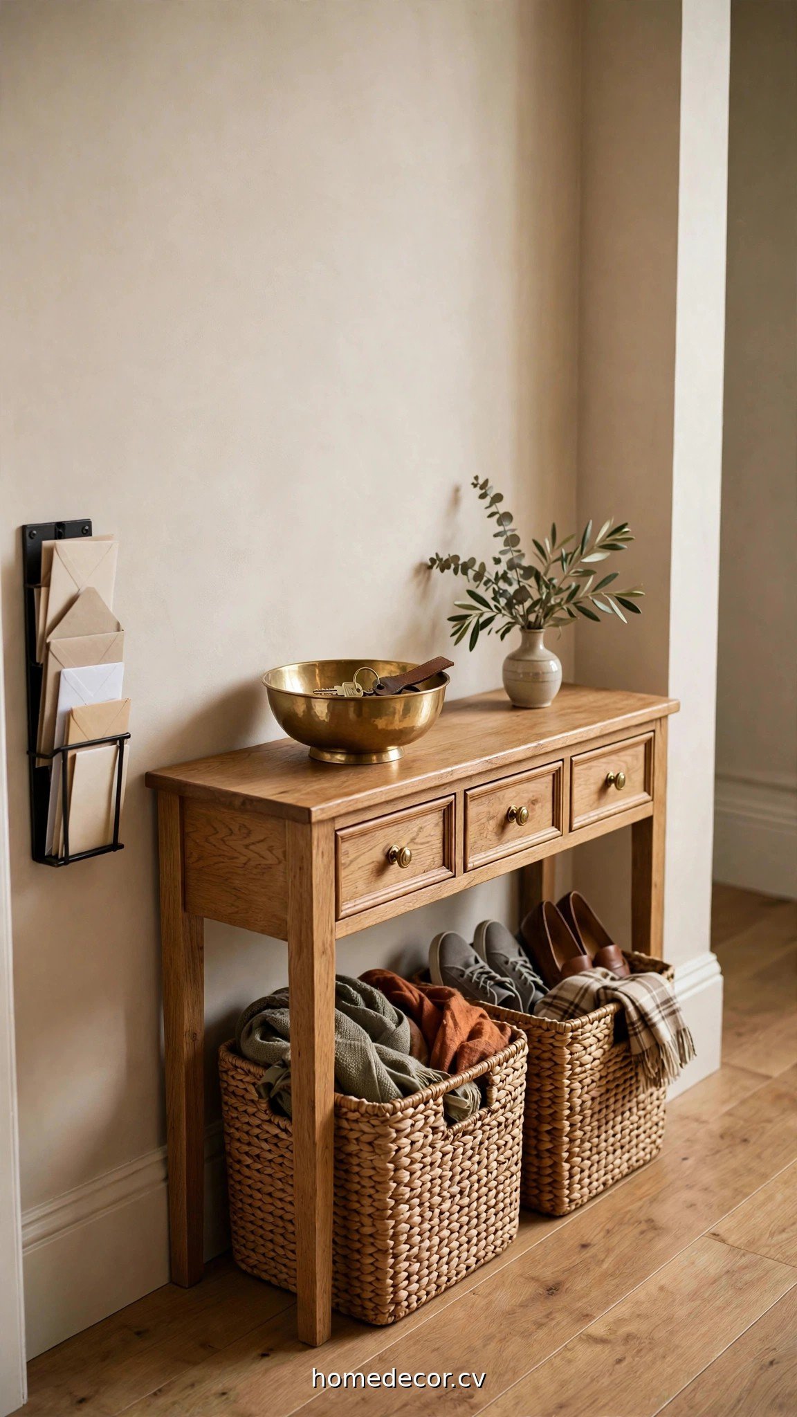 Small hallway console table with woven storage baskets, drawers and a key bowl