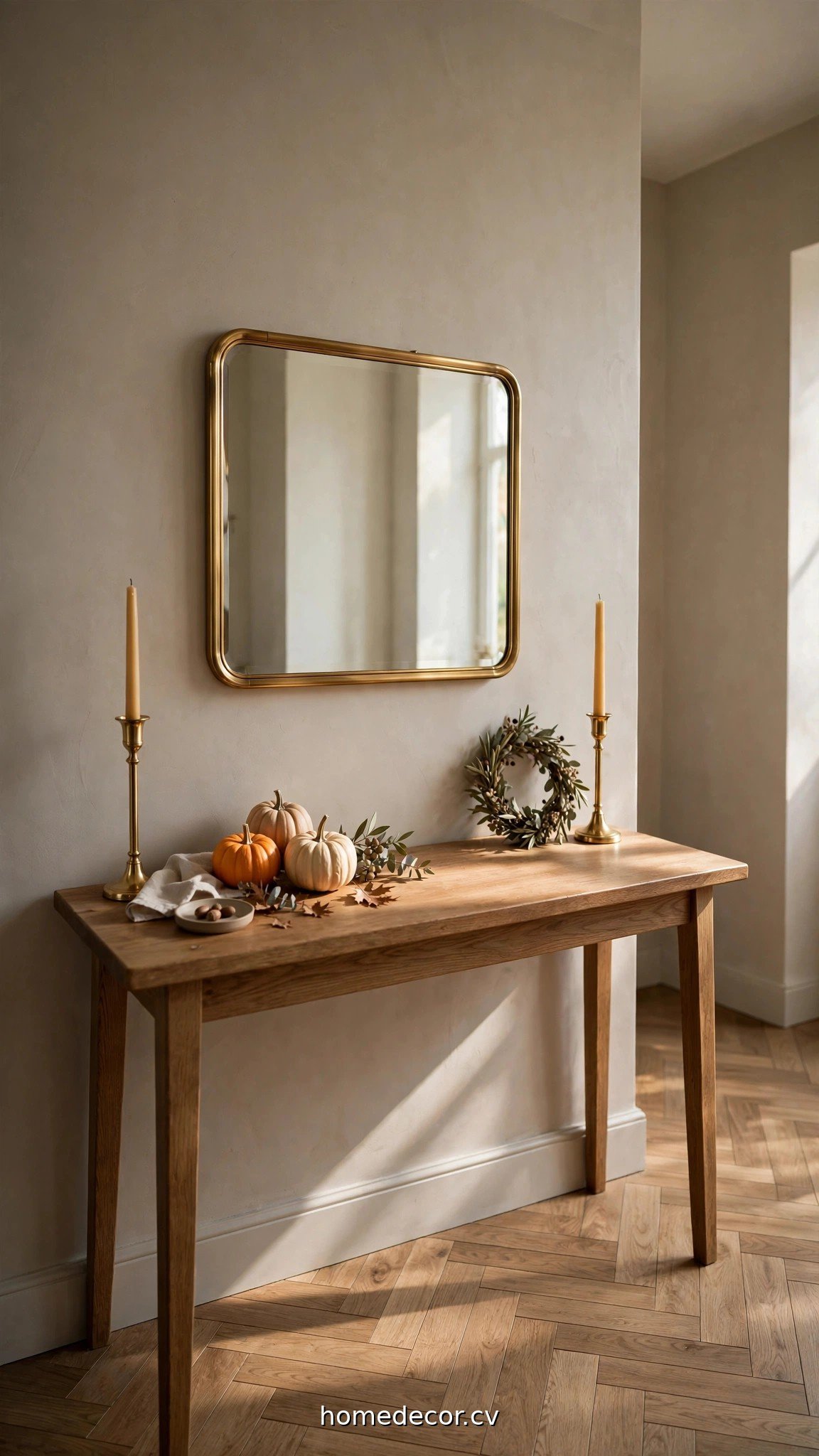 Entryway table with seasonal fall styling, balanced heights and a calm neutral palette