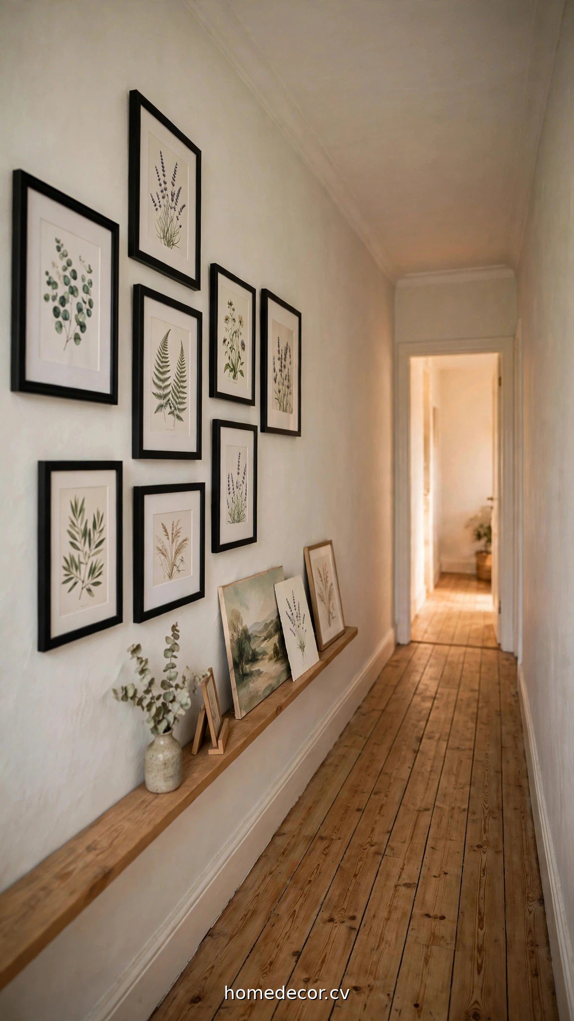 Narrow hallway with a botanical gallery wall above a picture ledge