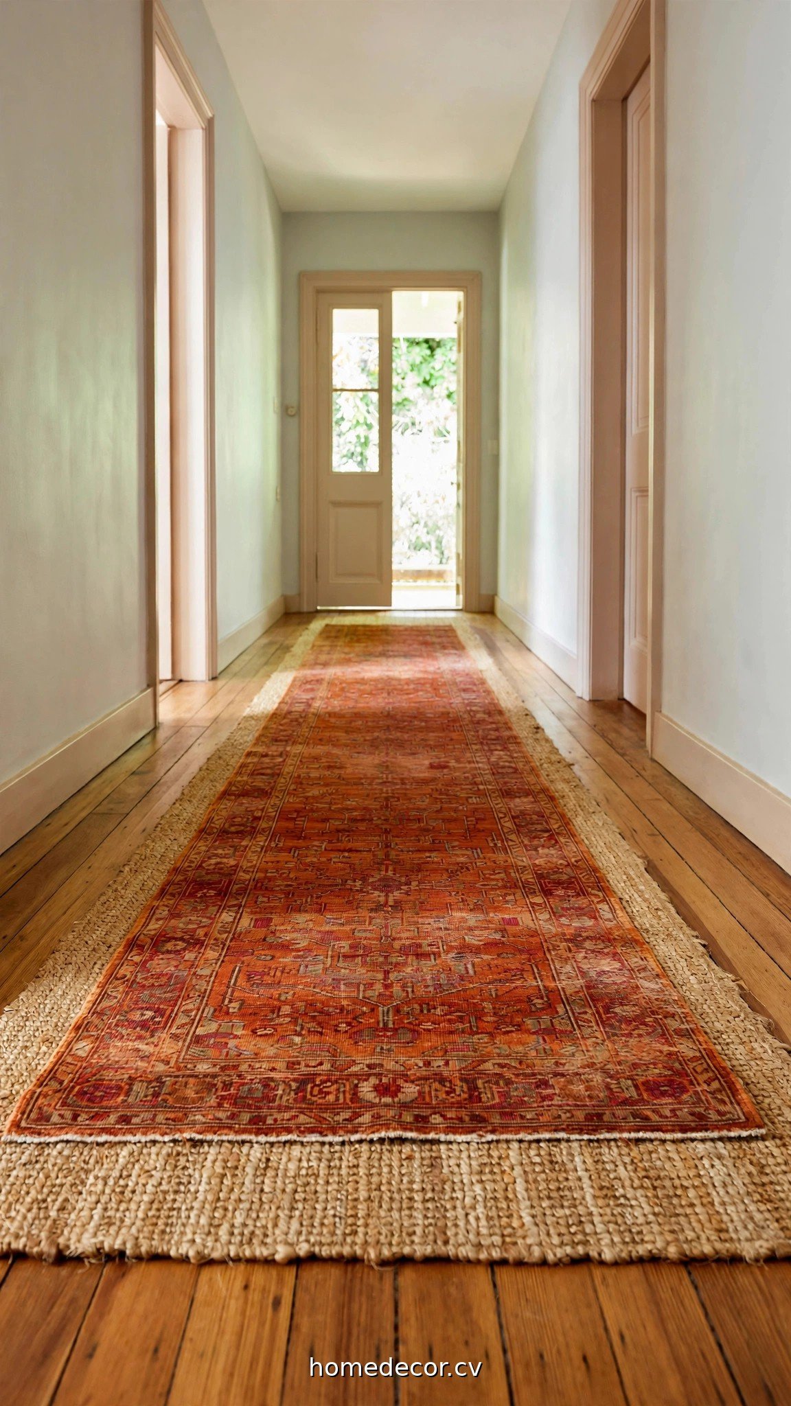 Narrow hallway with a warm patterned runner rug on wood floors