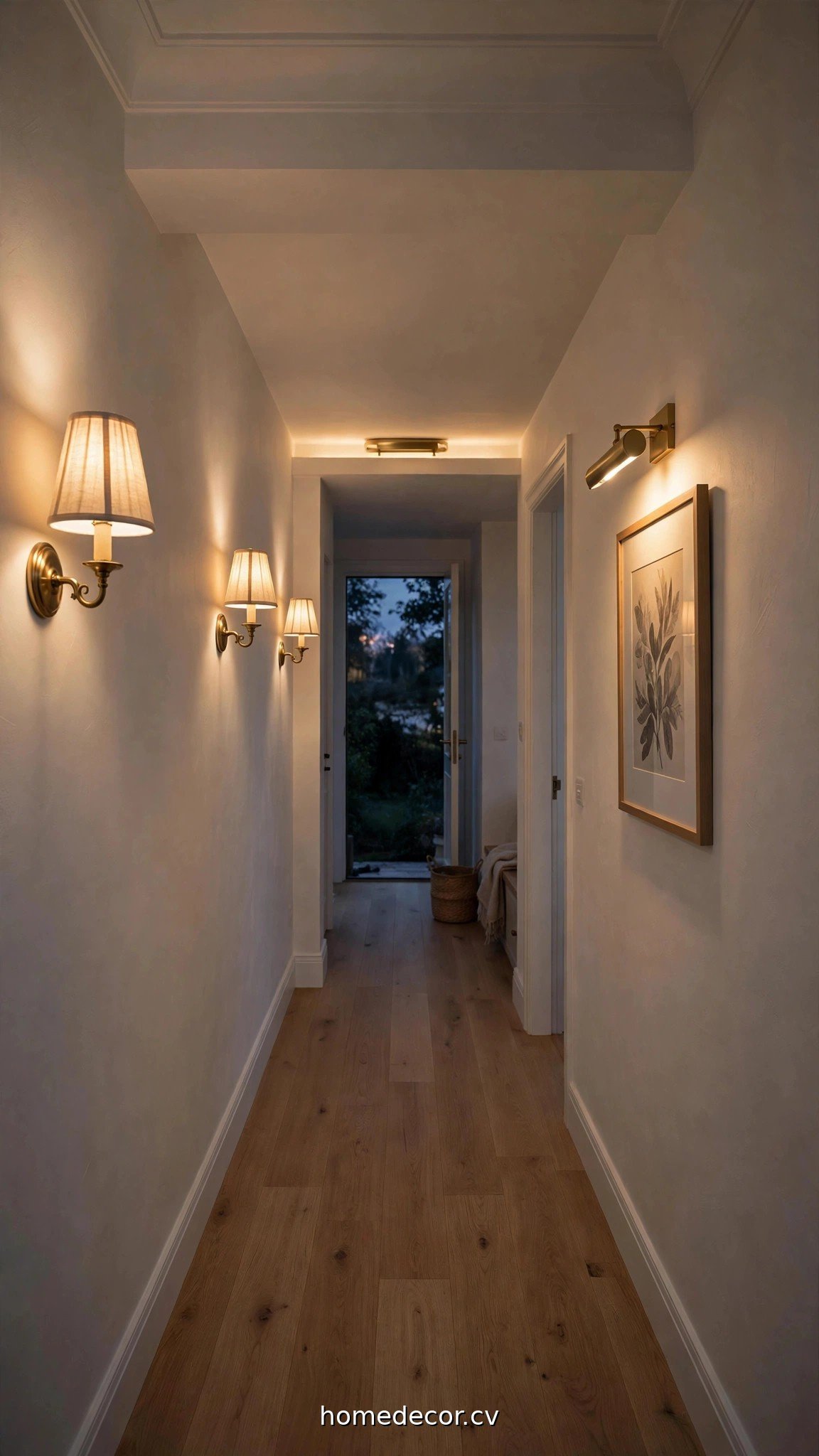 Narrow hallway illuminated by warm glowing wall sconces