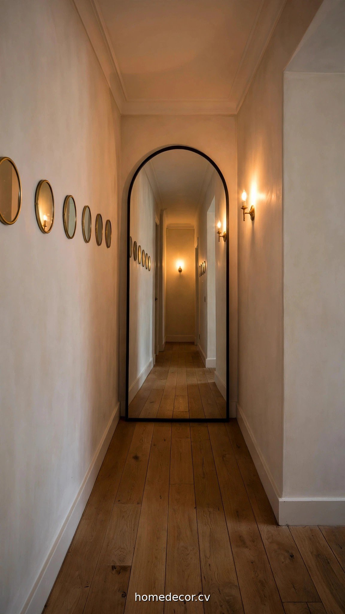 Tall arched floor mirror at the end of a narrow hallway reflecting warm light