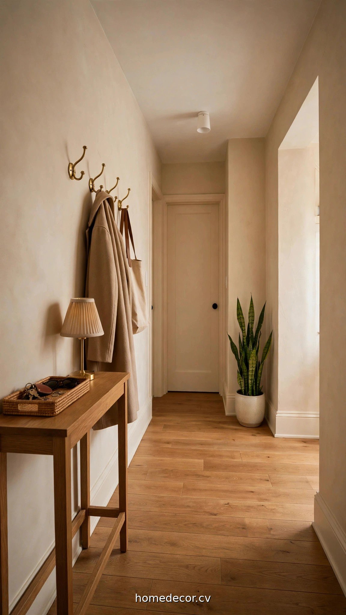 Functional narrow hallway with slim console table, wall hooks and a tall plant