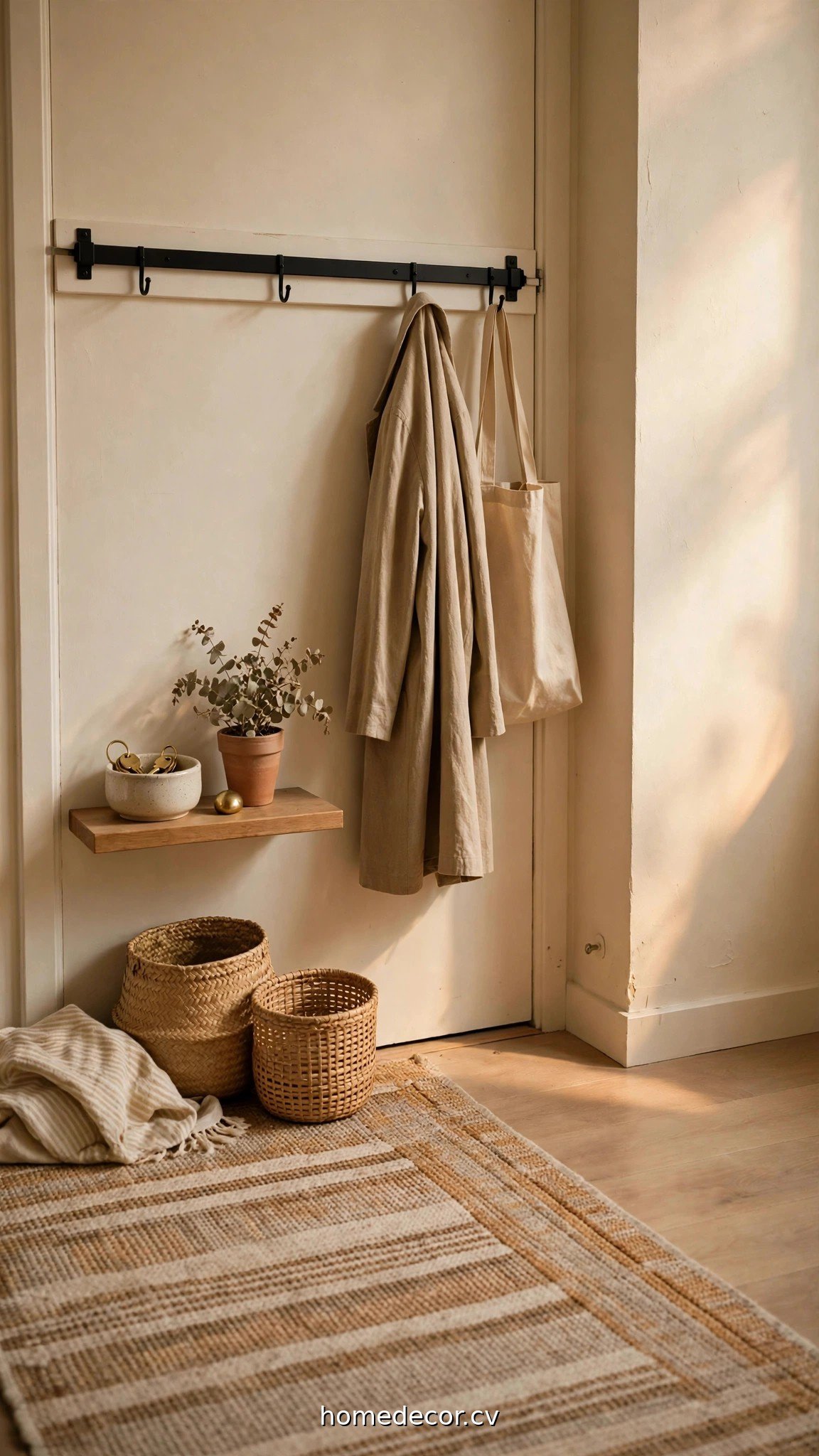 A tiny renter-friendly entryway with an over-the-door hook rail, floating shelf with a ceramic key bowl, and woven baskets