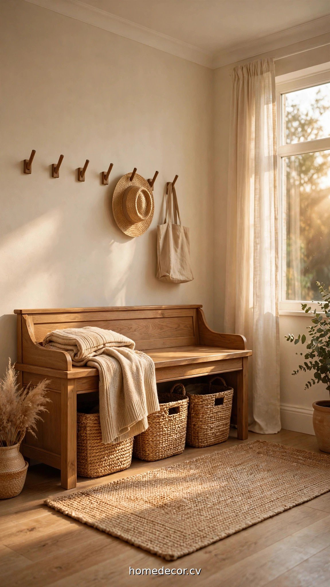 A wooden storage bench with woven seagrass baskets underneath in a warm cozy entryway