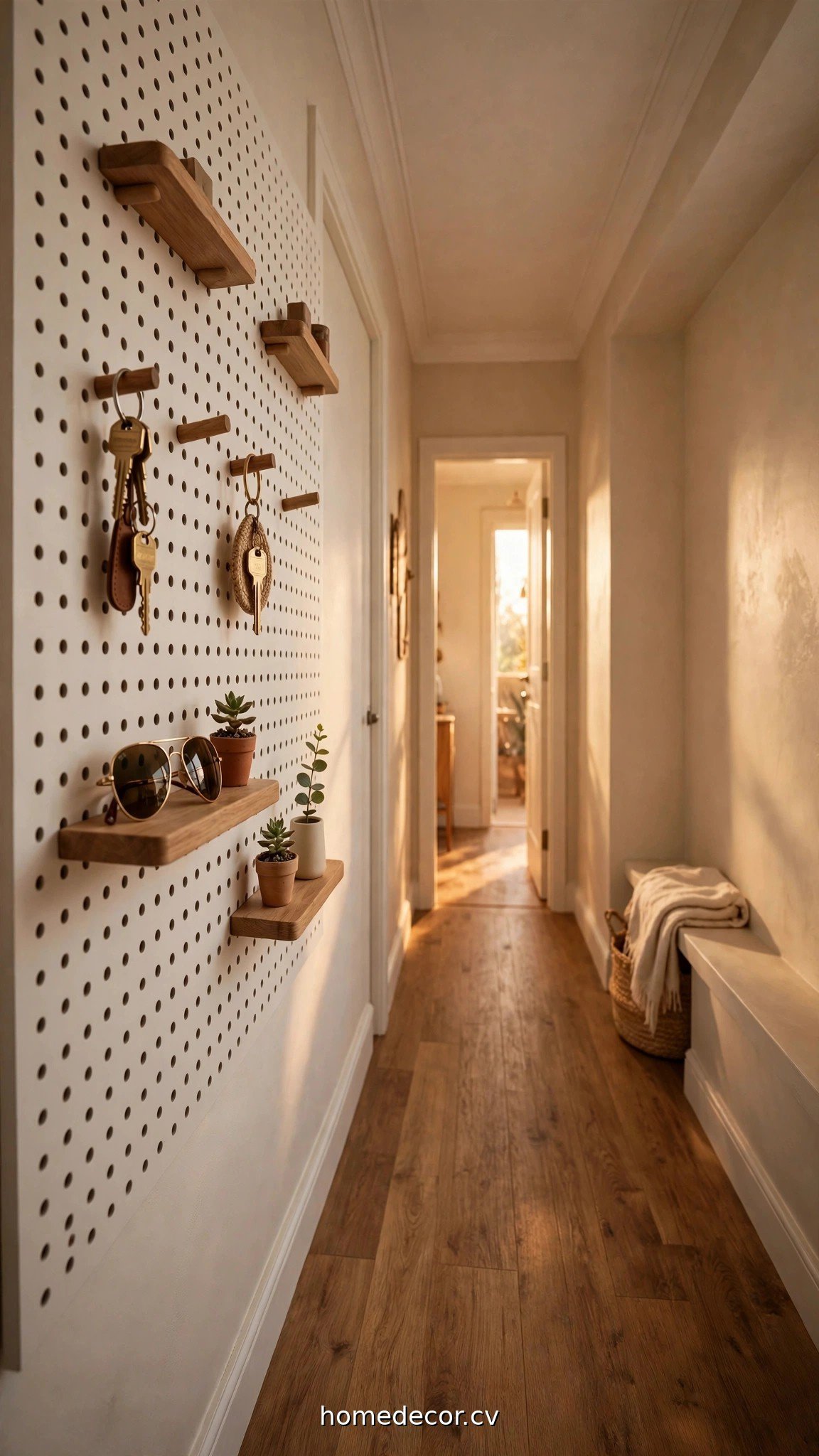A painted pegboard wall panel with hooks and small shelves holding keys and sunglasses in a narrow hallway