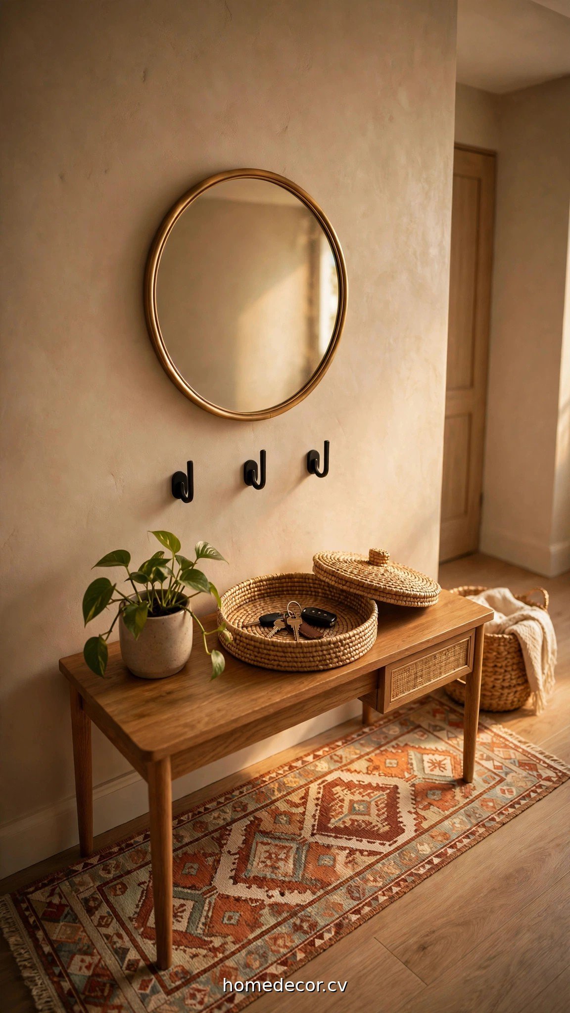 A styled entryway vignette with a round mirror above wall hooks, a small potted plant, and a lidded tray for keys