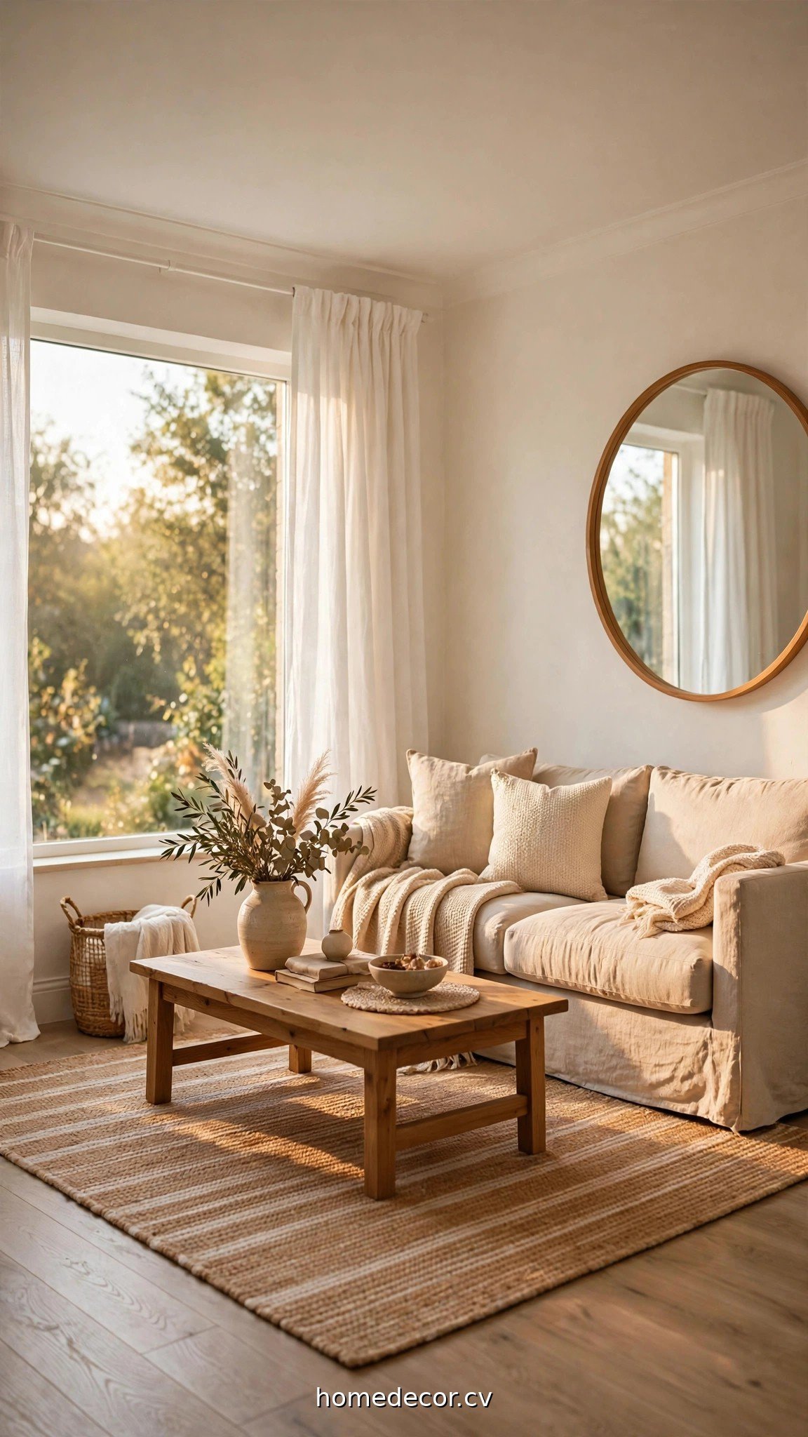 A bright small living room with white curtains hung high and wide, a large round mirror, and a light beige sofa
