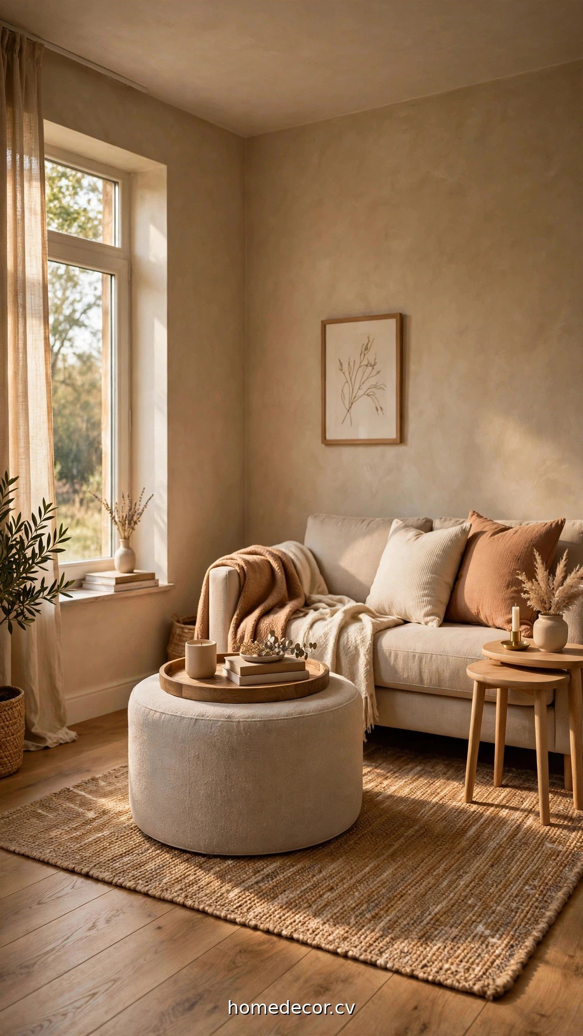 A small living room with a storage ottoman, nesting side tables, and a compact sofa in warm neutral tones