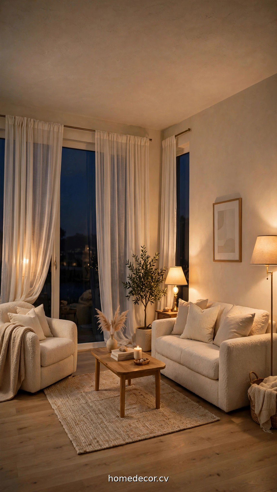 An airy small living room with layered warm lighting, sheer curtains, and a cohesive cream and beige palette
