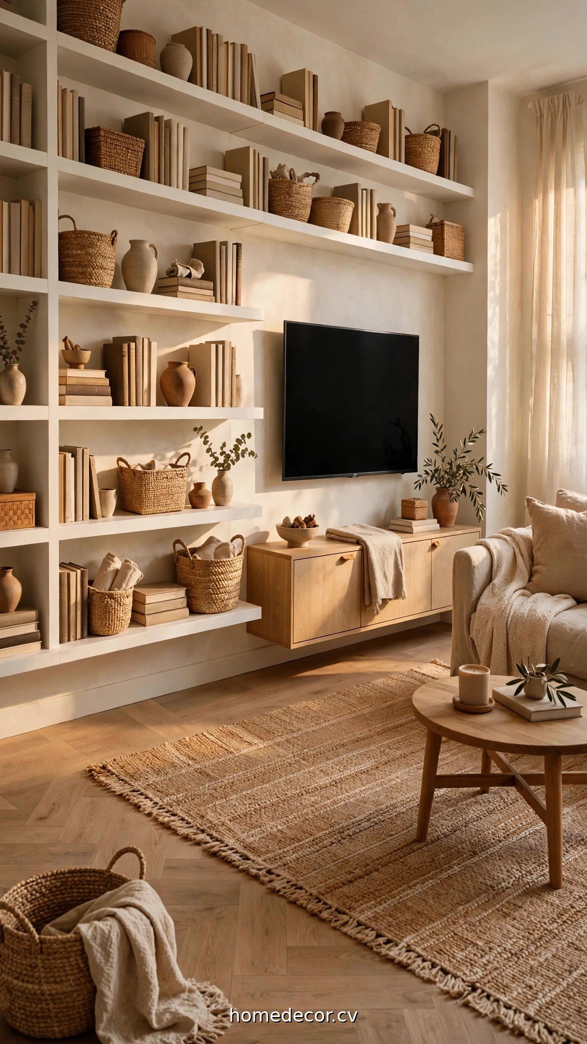A small living room with tall white floating shelves, woven baskets, and a wall-mounted TV