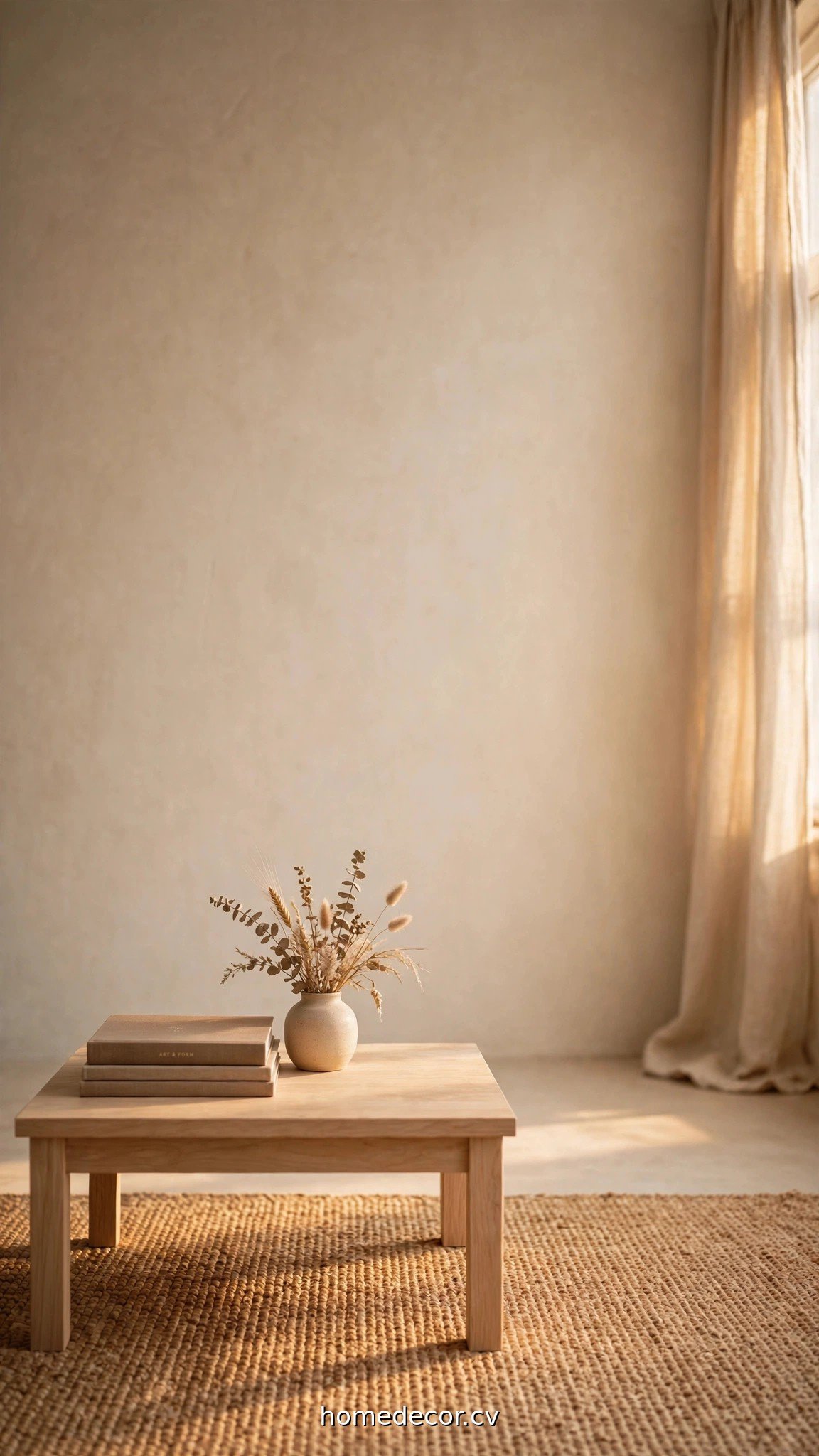A styled small living room coffee table with negative space, a low stack of books, and a small vase