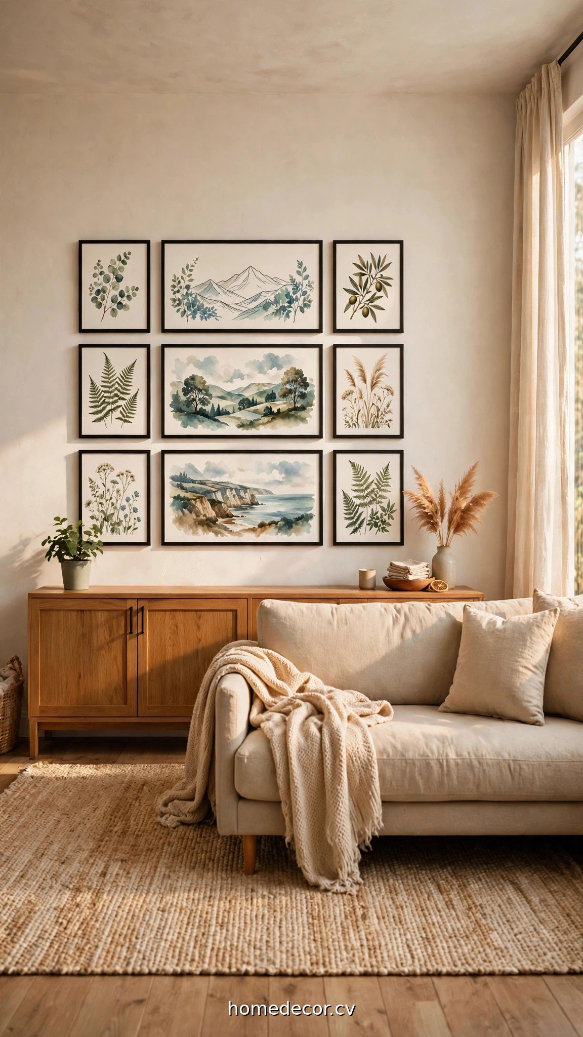 A neat 3x3 grid of nine matching thin black frames with botanical prints on a warm white wall above a sofa