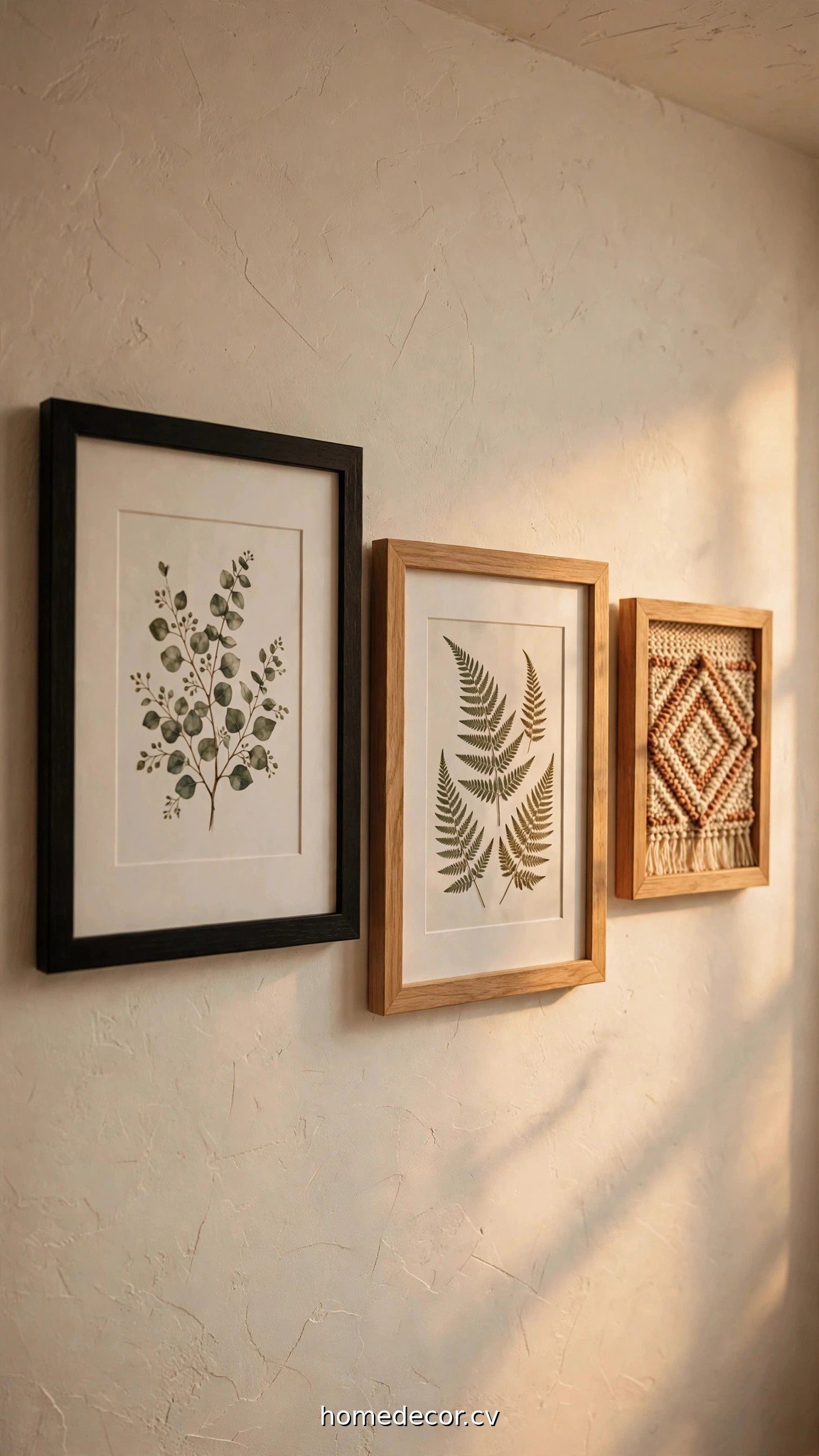 A close-up of mixed gallery wall frames in black and natural wood with white mats on a warm wall