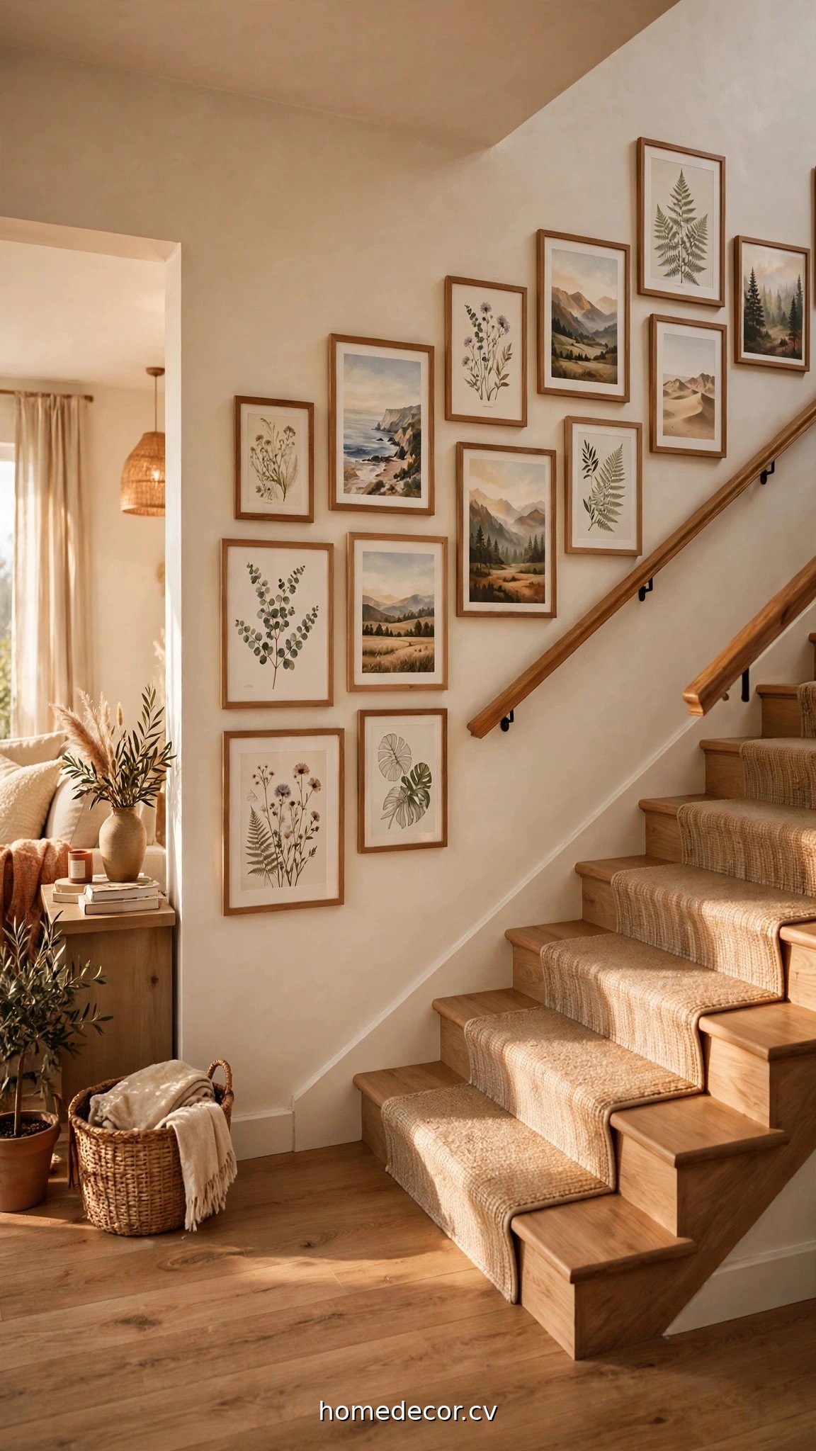 A gallery wall of framed art climbing a staircase wall in a warm bright home