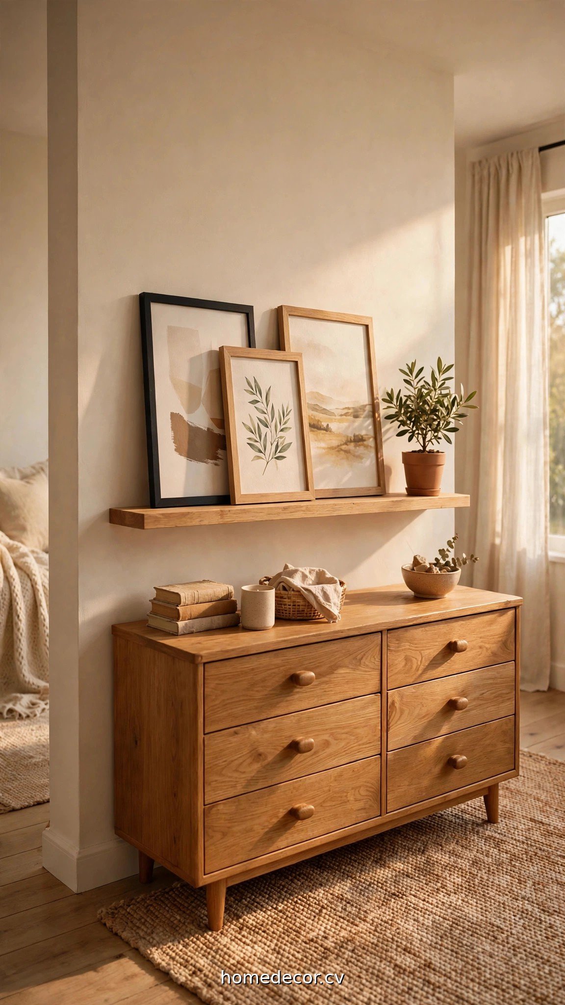 A picture ledge shelf with leaning art frames in a bright rental living room, no nail holes