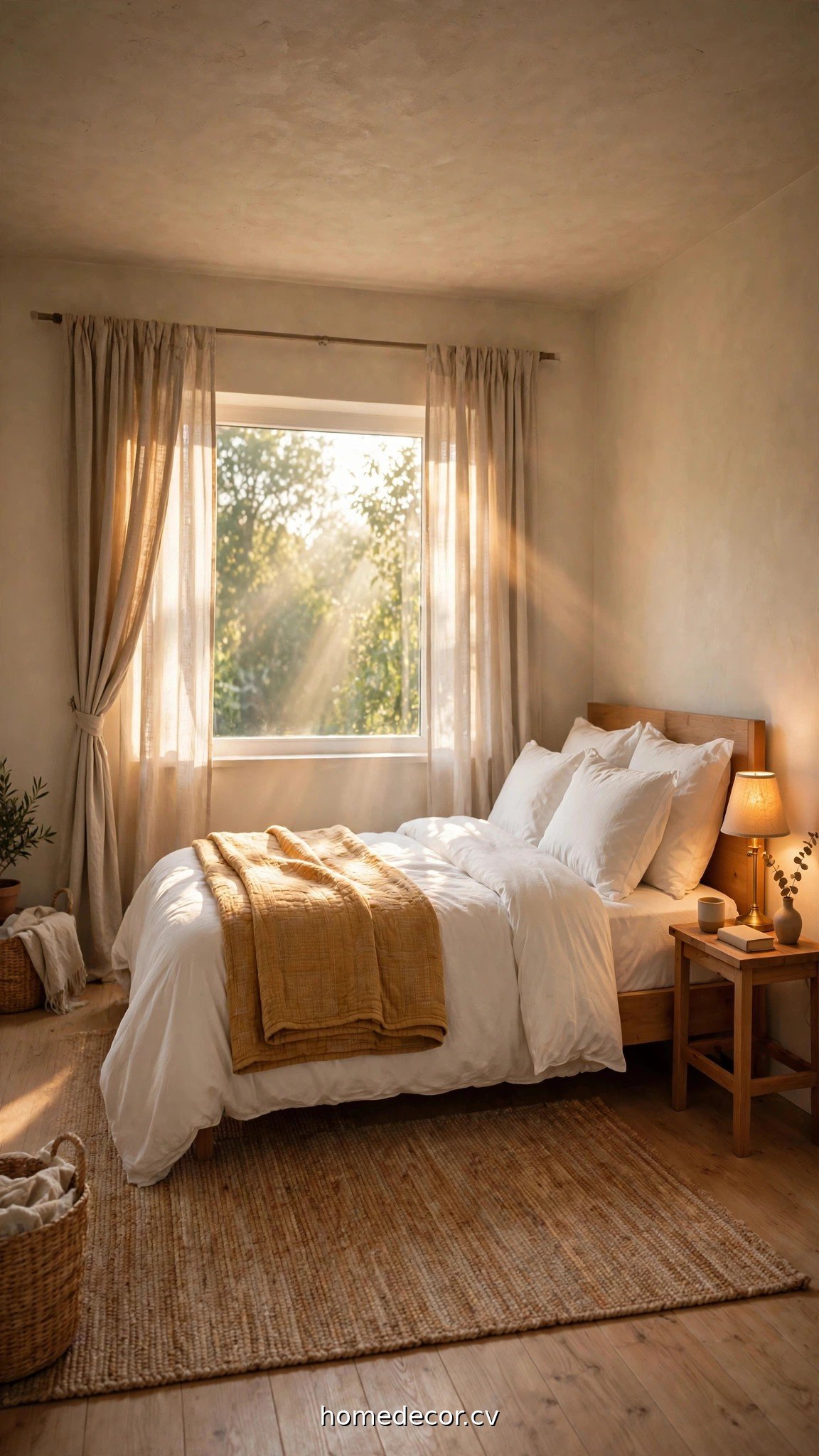 A freshly rearranged cozy bedroom with the bed under a bright window and a decluttered nightstand
