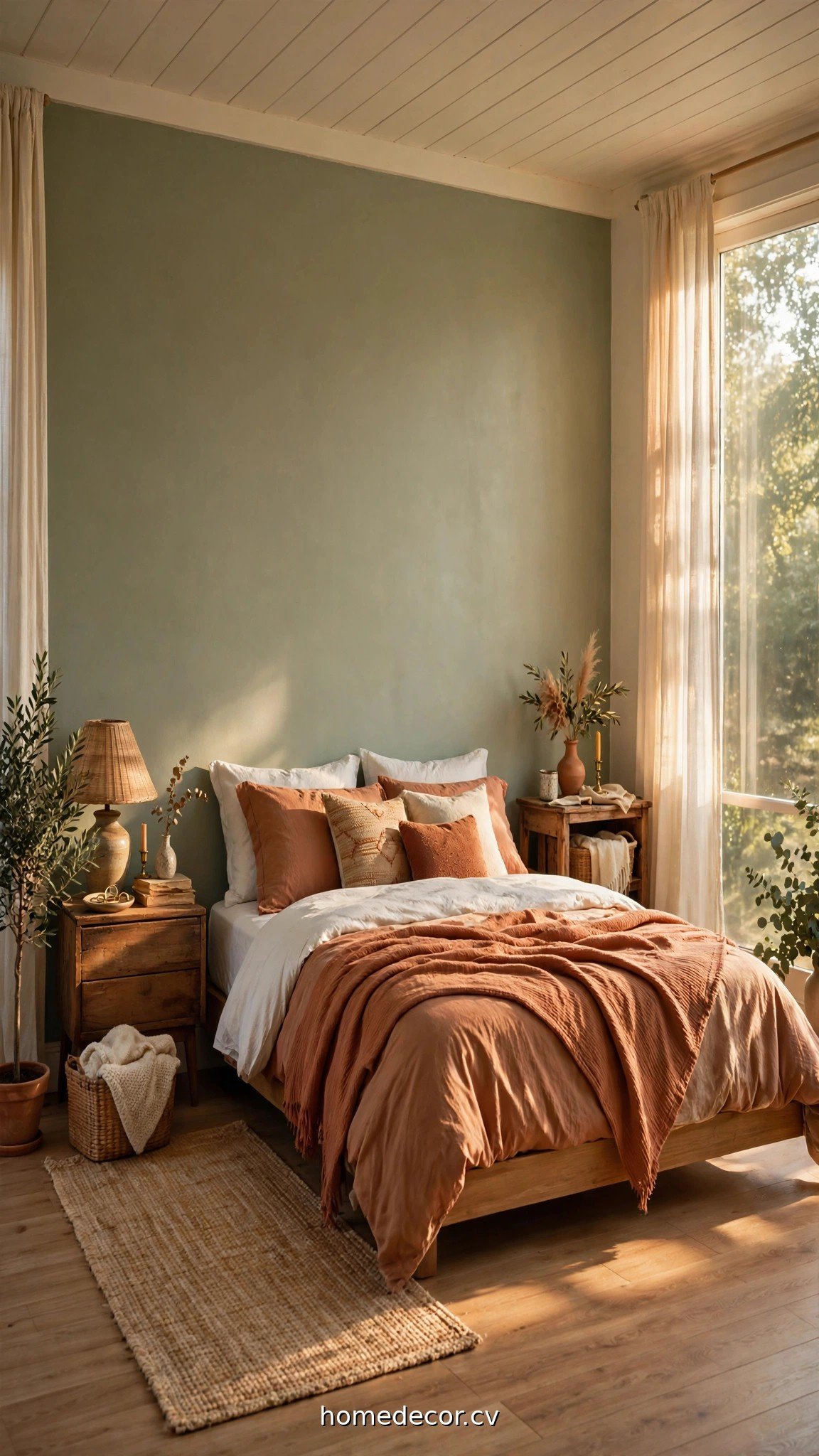 A bedroom with one sage green painted accent wall behind a bed with white bedding
