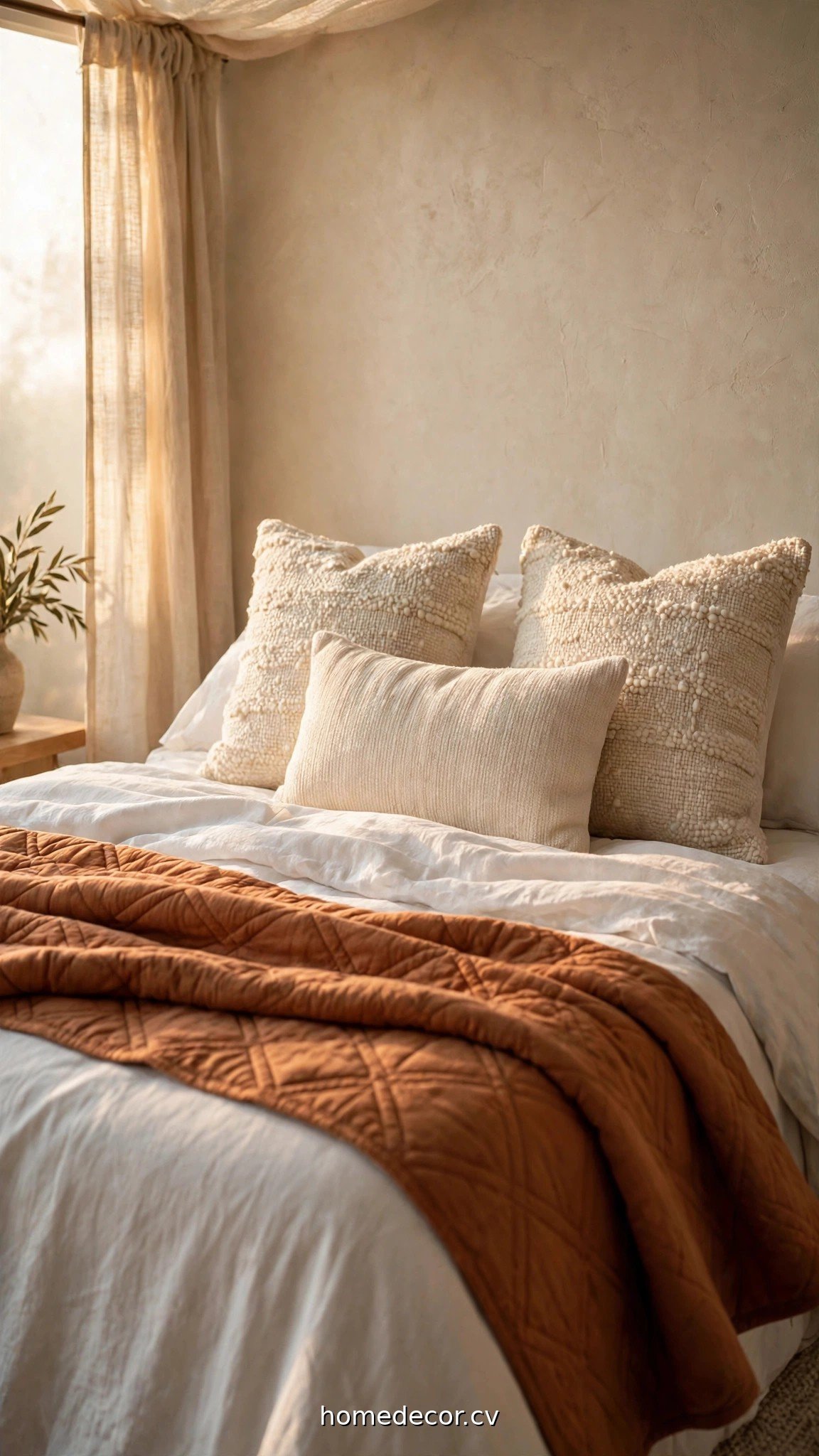A close-up of layered bed styling with white sheets, a terracotta quilt, and textured throw pillows