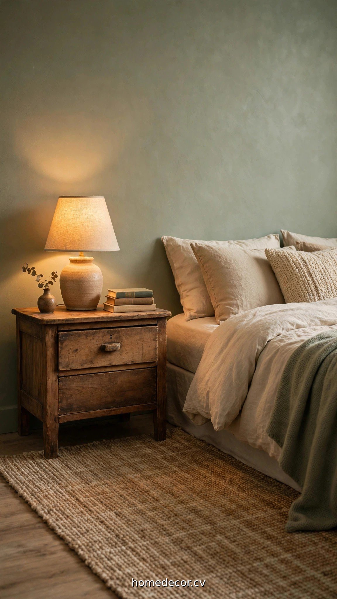 A thrifted wooden nightstand with a small ceramic lamp and stack of books beside a cozy bed