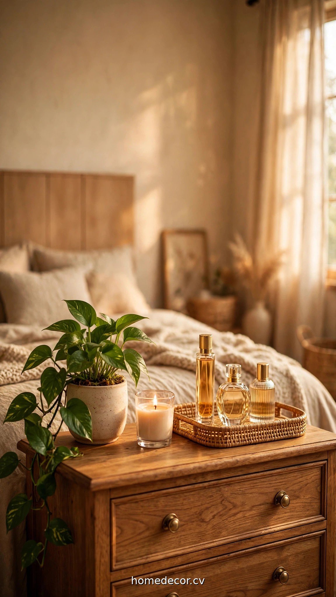 A styled dresser top with a small potted plant, a candle, and a wooden tray in a warm bedroom