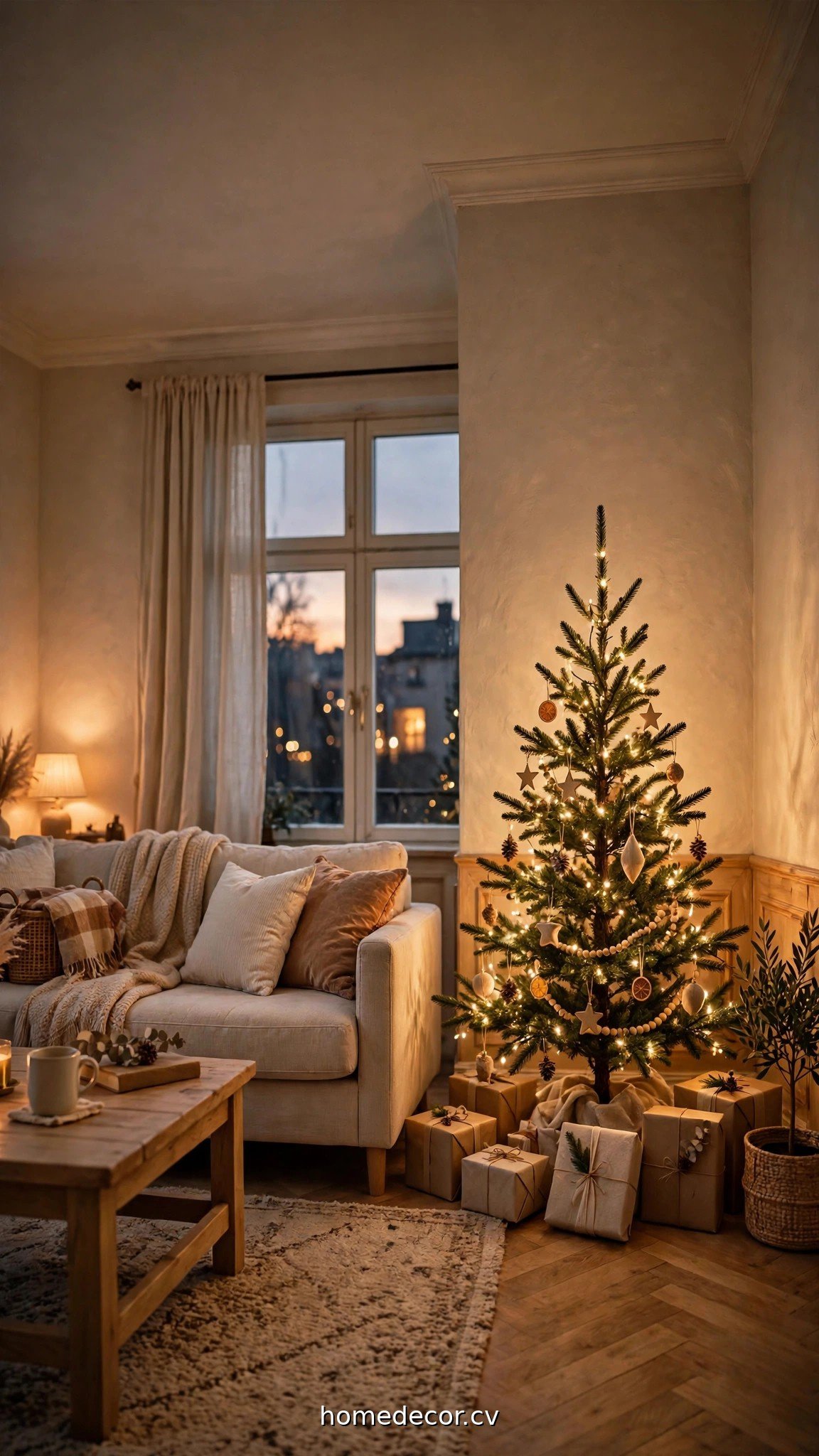A slim pencil Christmas tree with warm string lights tucked into the corner of a small cozy living room