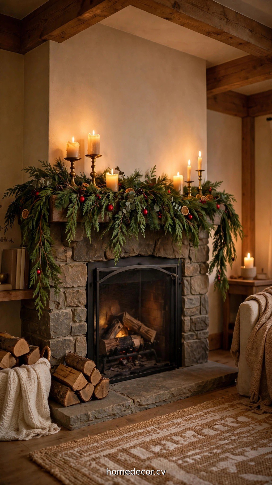 A cozy mantel styled with cedar garland, glowing candles, and brass candlesticks for Christmas