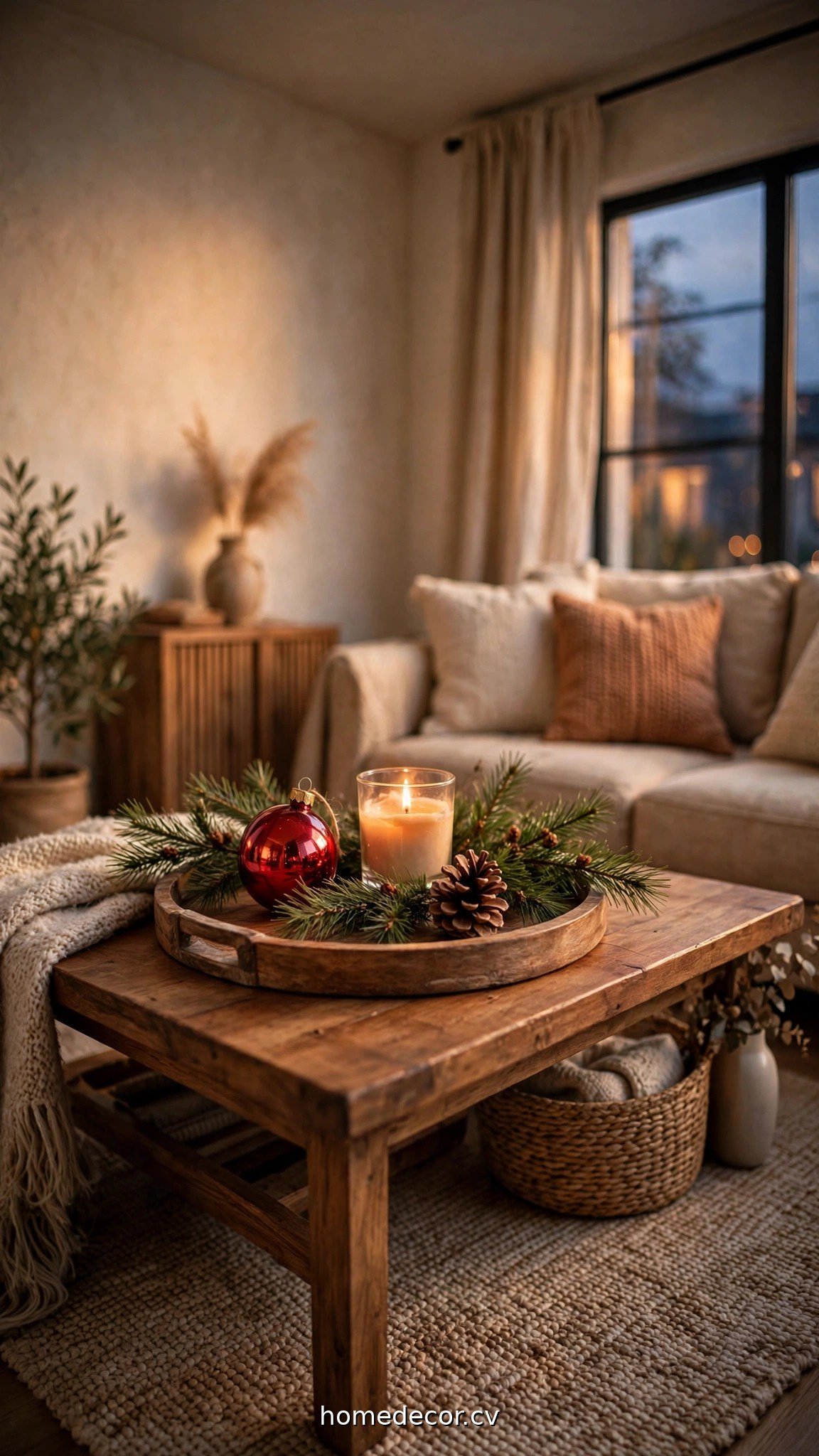 A Christmas tabletop vignette on a wooden tray with pine sprigs, a red ornament, and a glowing candle
