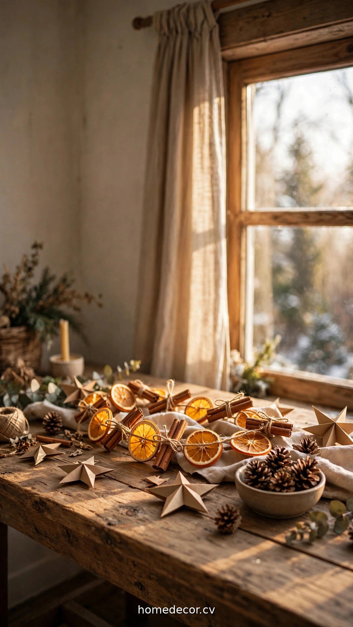 DIY Christmas decor with dried orange slice garland, paper stars, and pinecones on a rustic wooden table