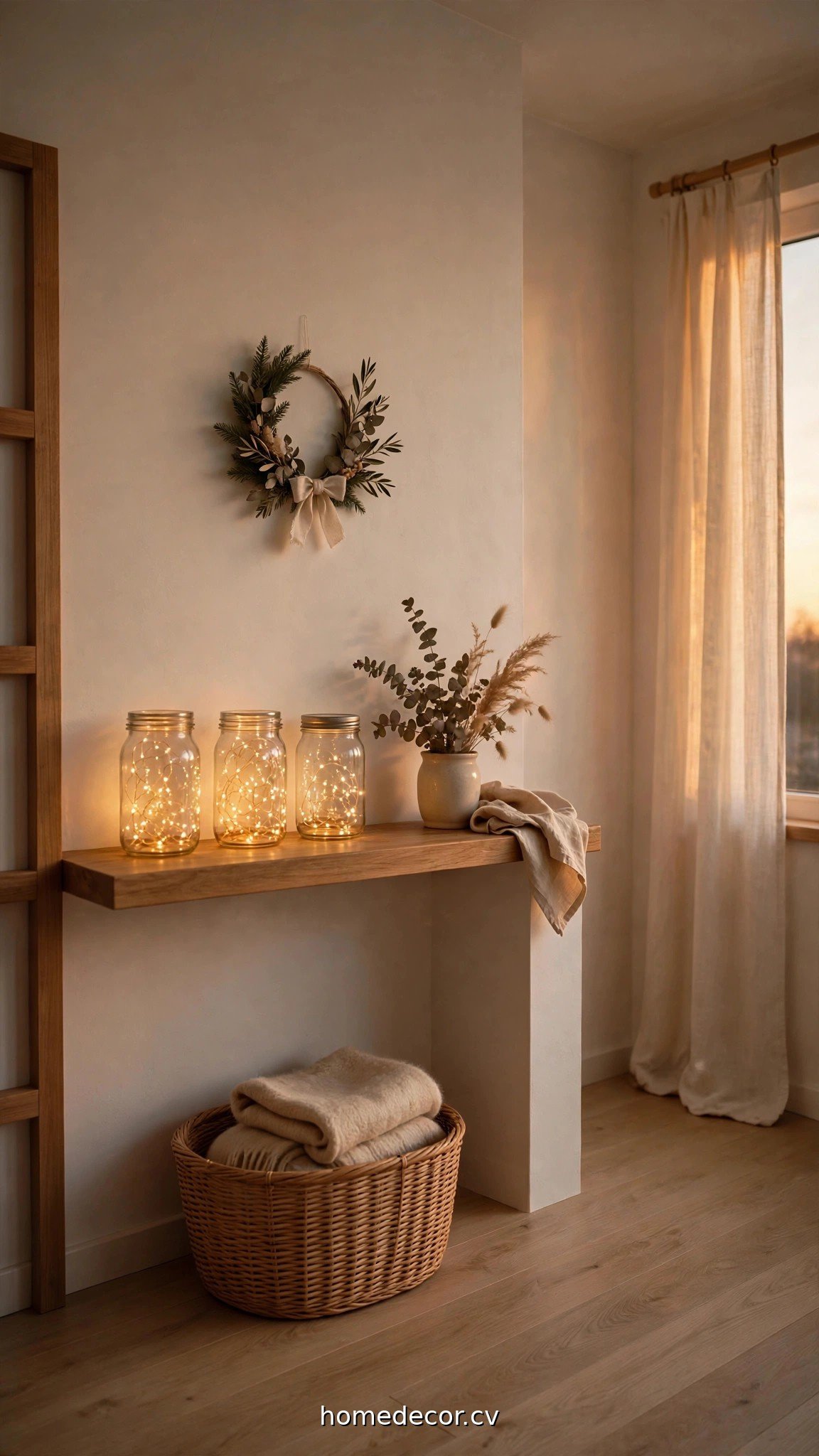 A minimalist cozy Christmas corner with fairy lights in glass jars and a small wreath, warm evening glow