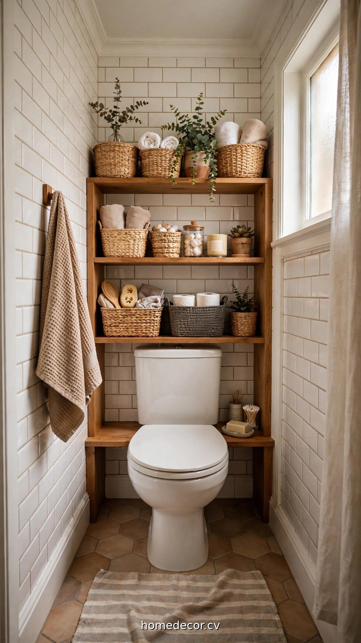 Small bathroom with over-the-toilet storage shelves and organized baskets