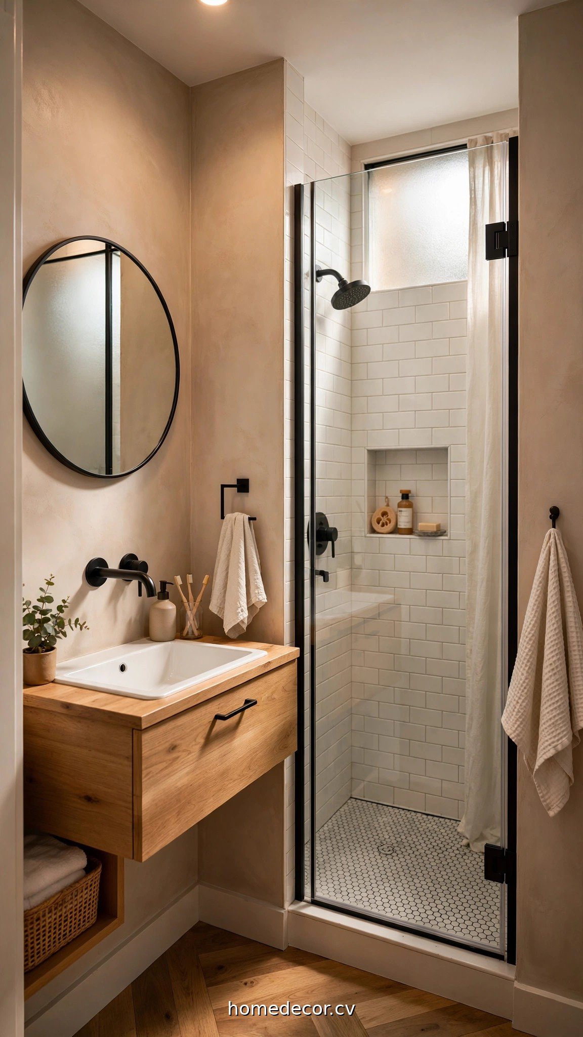 Compact bathroom with floating vanity, wall-mounted faucet and glass shower door