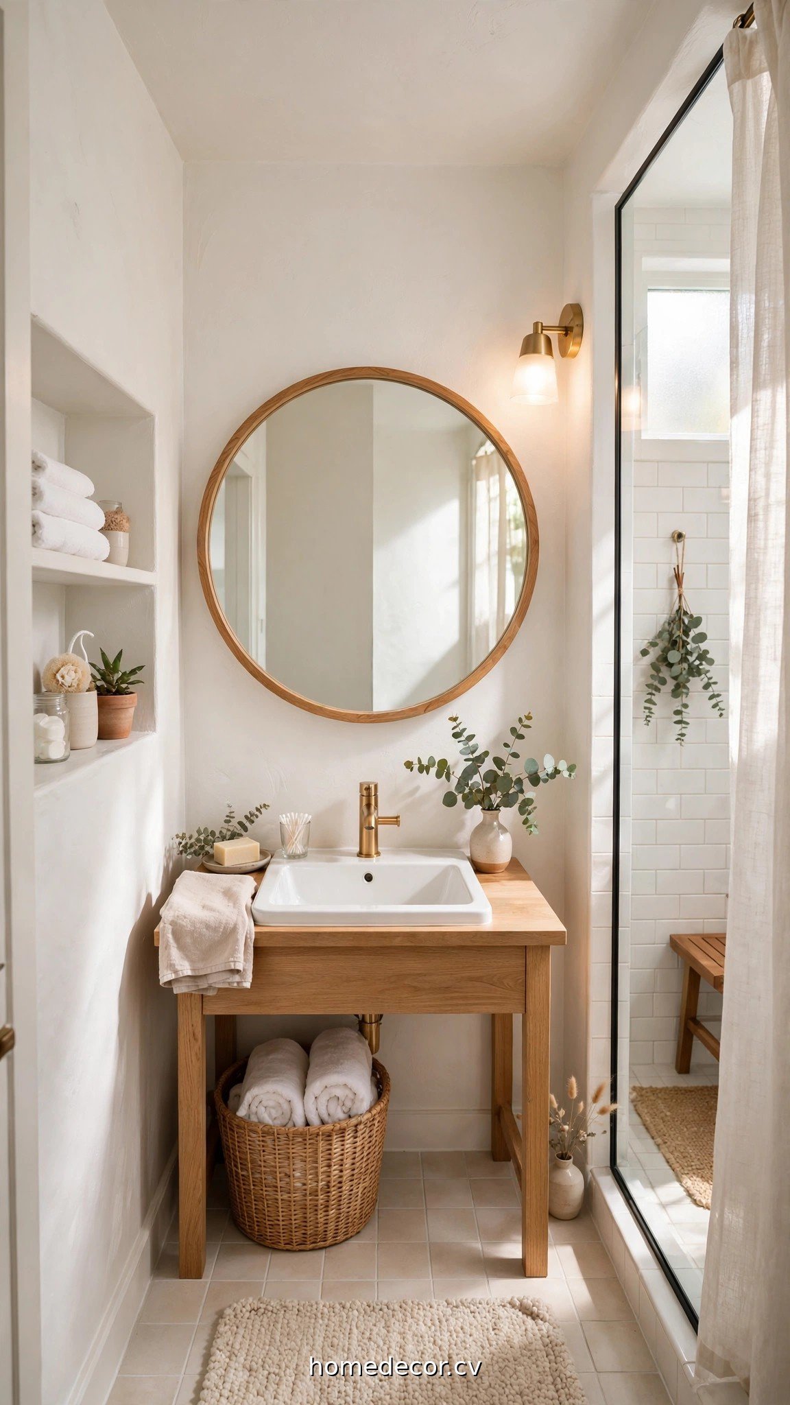 Bright small bathroom with light colors, large mirror and airy spa-like styling